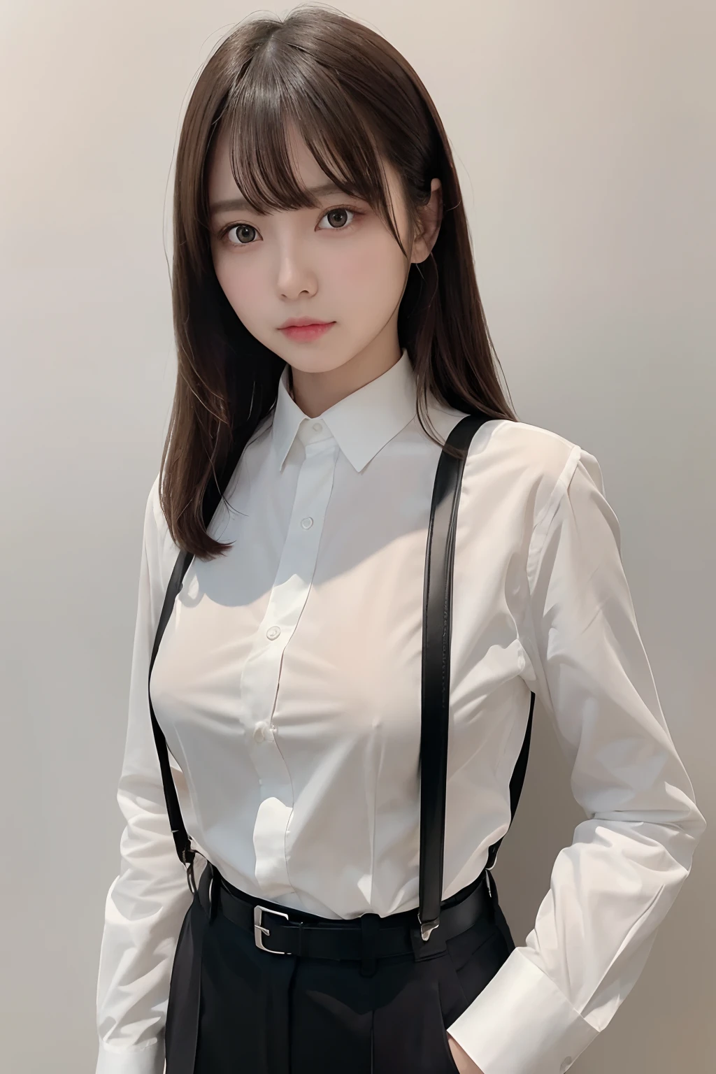 masterpiece、flat-colors、depth of fields、lens flare 1 girl、、Brown hair、watching at viewers black suspenders bulging big breasts Armpit sweat perspiring Side of both hands walls: Black pants, Black Suit Chain arma Gaze Small face Bangs Upper Eyes flank Colorcon Cutter shirt holster chain a belt