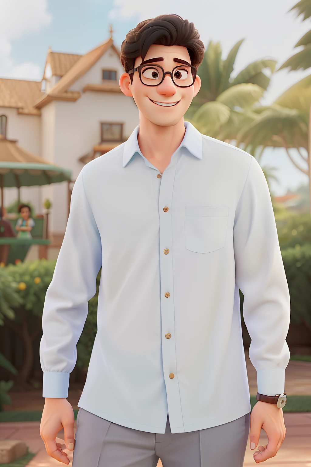 Happy couple hugging each other as love from Disney movie, mulher cabelo cacheado, The two wearing glasses at a social event, Man in gray pants, blusa verde e gravata cinza e mulher no vestido vermelho