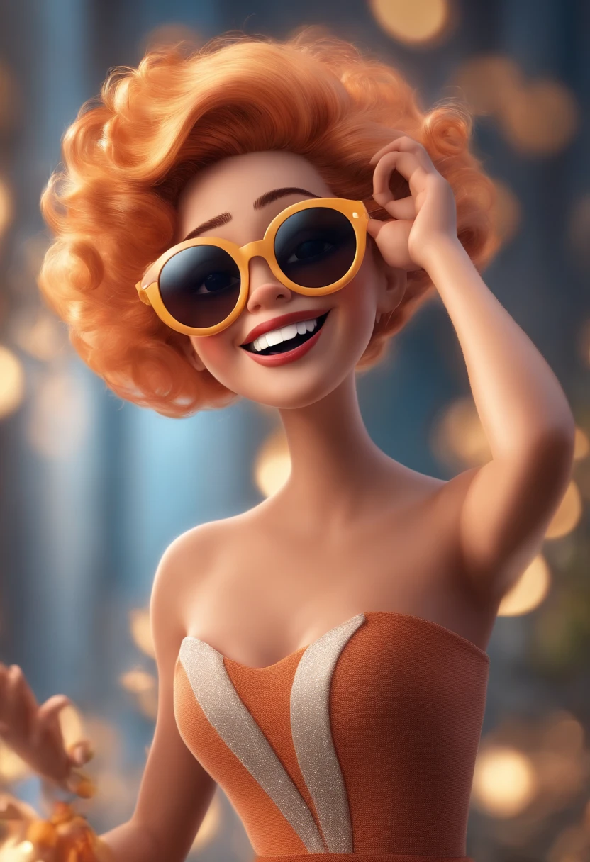 "(best quality,ultra-detalhado,Realistic:1.37),3D rendering,illustration,design de personagens,cabelos curtos e cacheados loiros, belos olhos detalhados,wearing white glasses,Estilo Pixar,Dancing on the Disney stage,atmosfera animada,vivid colors,luzes de palco,expression joyful"