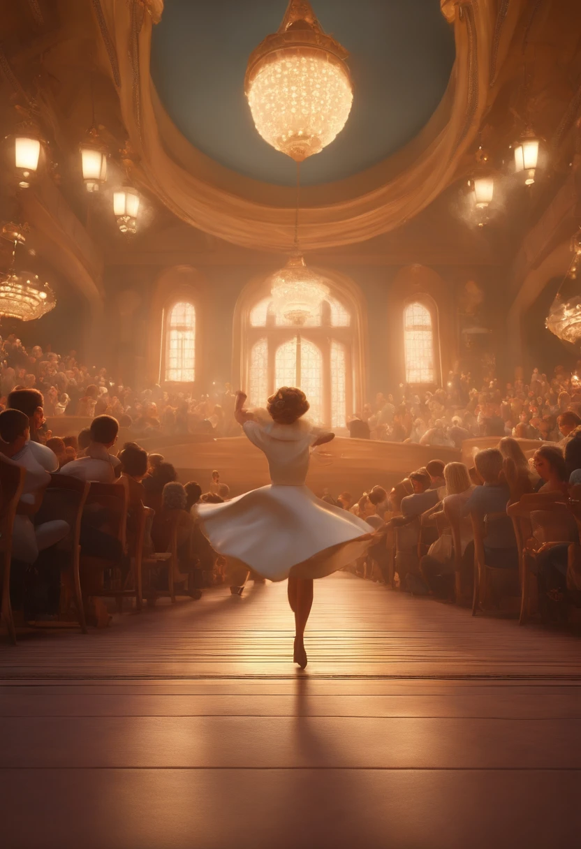 "(best quality,ultra-detalhado,Realistic:1.37),3D rendering,illustration,design de personagens,cabelos curtos e cacheados loiros, belos olhos detalhados,wearing white glasses,Estilo Pixar,Dancing on the Disney stage,atmosfera animada,vivid colors,luzes de palco,expression joyful"