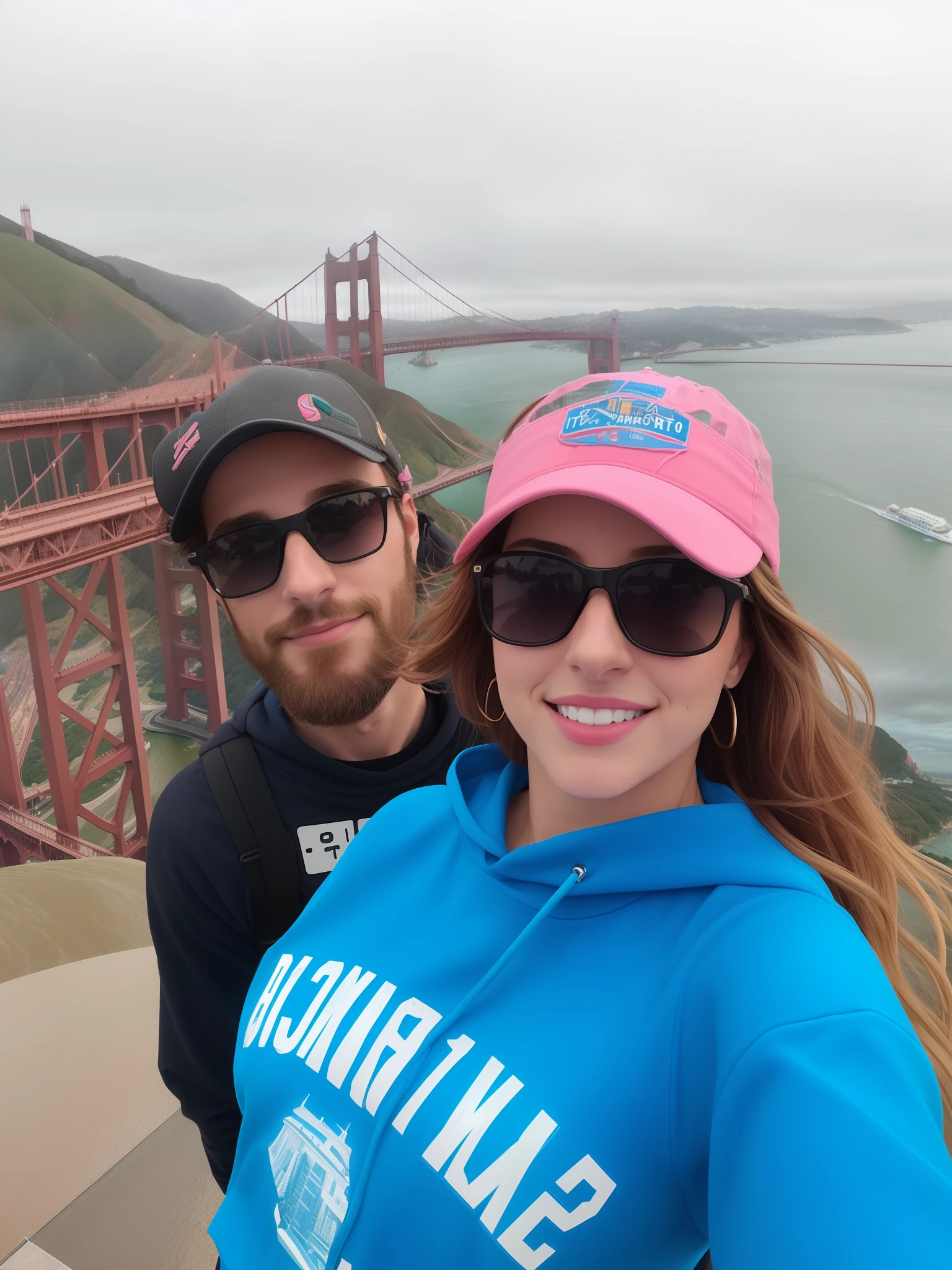 Homem e mulher fazendo uma selfie em frente a uma ponte, Ponte Golden Gate, em uma ponte, Golden gate, vacation photo, imagem de perfil, Sutro Tower in San Francisco, standing on a bridge, divertindo-se, 🤬 🤮 💕 🎀, Directed by: Kristin Nelson, View from the top, tirado no iphone 1 3 pro, great view