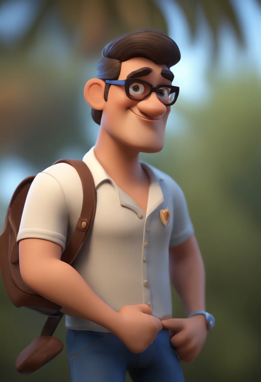 Cartoon character of a man wearing black glasses and a blue shirt, um personagem animado,indigena,Caractere estilizado, animation style rendering, 3D estilizado, Arnold Maya render, 3 d render stylized, toon render keyshot, Personagem 3D, Personagem 3D, 3d rendering stylized, 3 d character render, personagem de desenho animado, Personagem de close up, Pose de personagem, (Estilo Pixar) (master part:1.2) (Bokeh) (best quality) (pele detalhada) (textura detalhada) (8k) (argila) (Cinematic lighting) (foco nítido，Senta e vaza a parte superior do corpo