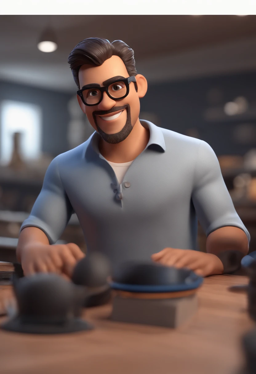 Cartoon character of a man wearing black glasses and a blue shirt, um personagem animado,indigena,Caractere estilizado, animation style rendering, 3D estilizado, Arnold Maya render, 3 d render stylized, toon render keyshot, Personagem 3D, Personagem 3D, 3d rendering stylized, 3 d character render, personagem de desenho animado, Personagem de close up, Pose de personagem, (Estilo Pixar) (master part:1.2) (Bokeh) (best quality) (pele detalhada) (textura detalhada) (8k) (argila) (Cinematic lighting) (foco nítido,Senta e vaza a parte superior do corpo