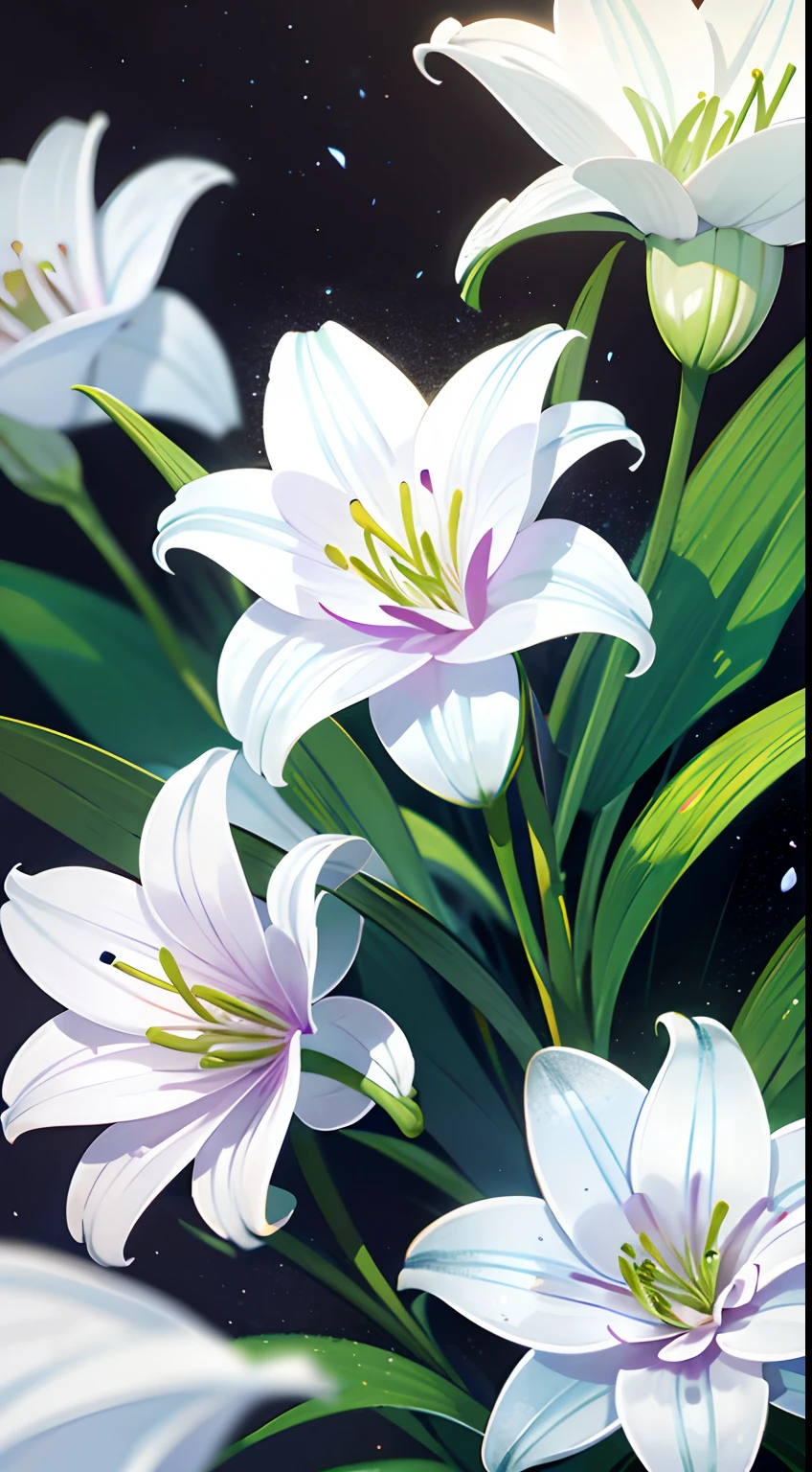 Close-up of lilies, high-precision picture quality, beautiful white background showing a lily picture. White lilies bloom towards us in pictures, capturing every corner of the human eye. The details of the petals are delicate and gorgeous, the exotic ears take on a sense of mystery, and the glowing details make the flowers look even more delicate. Improve the details of the stem and flower of the cosmic lily to make the picture more perfect.