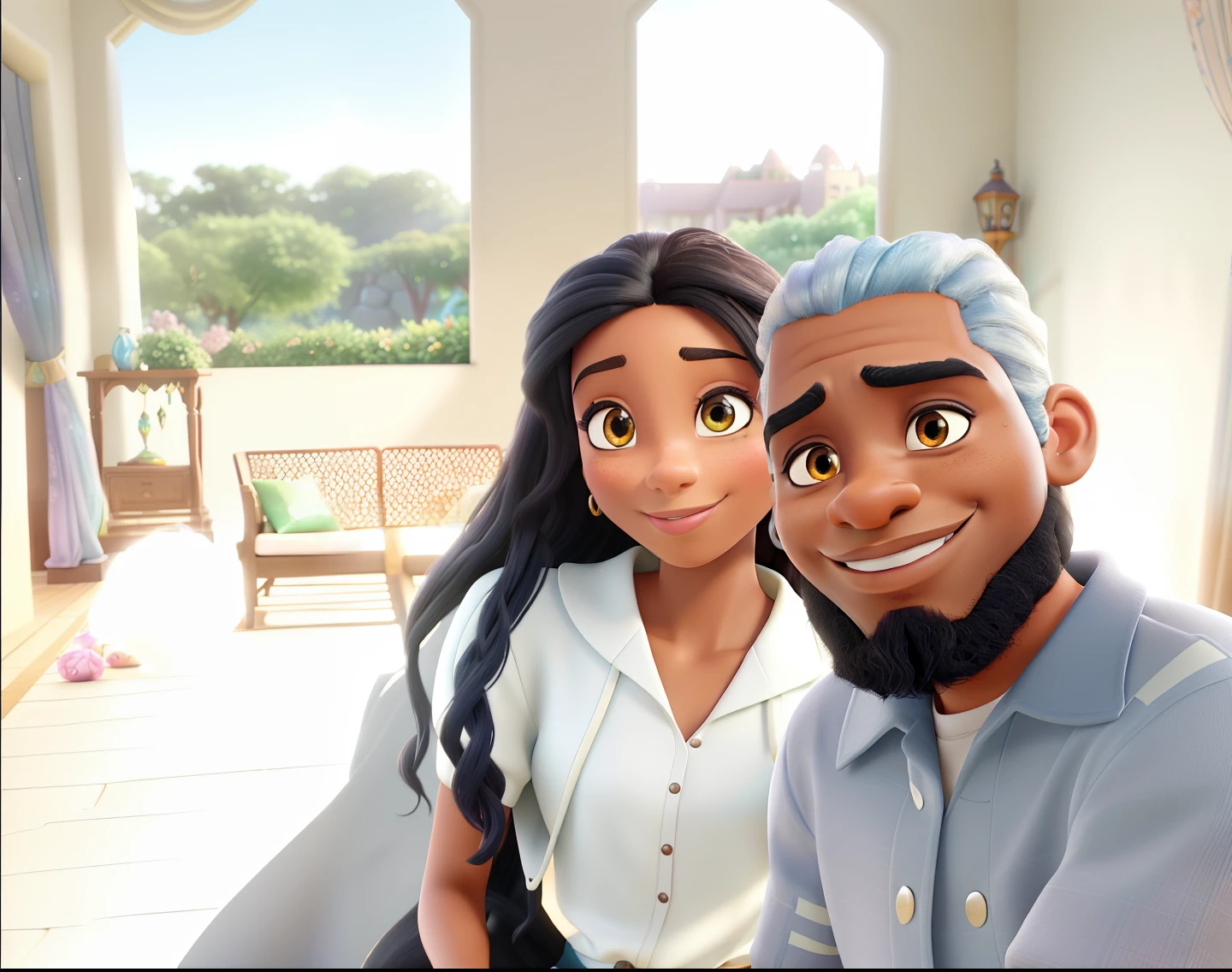 (african-american, handsome man with dark hair:1.1),(white, beautiful woman with fair skin and long flowing hair:1.1),Disney Pixar style,high-quality visual details,(vibrant colors, vibrant hues),magical lighting,whimsical setting,romantic atmosphere,sparkling eyes,(distinguished, defined facial features),lush garden backdrop,rays of sunshine filtering through the trees,(loving, affectionate interaction),charming smiles,unique fashion choices,fantasy elements,masterpiece:1.2,ultra-detailed,photorealistic rendering