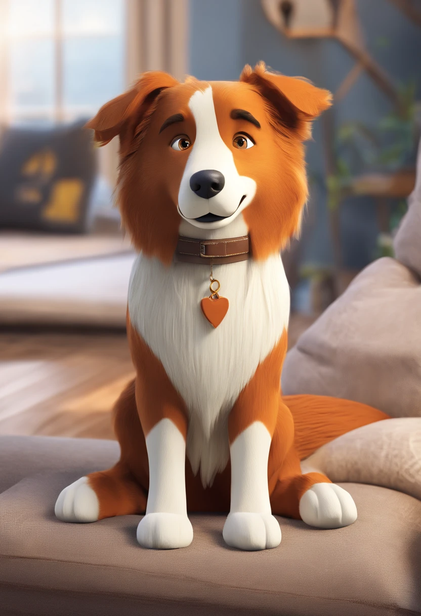 dog without defined breed, semlhante ao border collie mas pequeno, branco e com rosto parcialmente marrom, sitting on couch, com o nome Tails na colera no estilo disney pixar 3d.