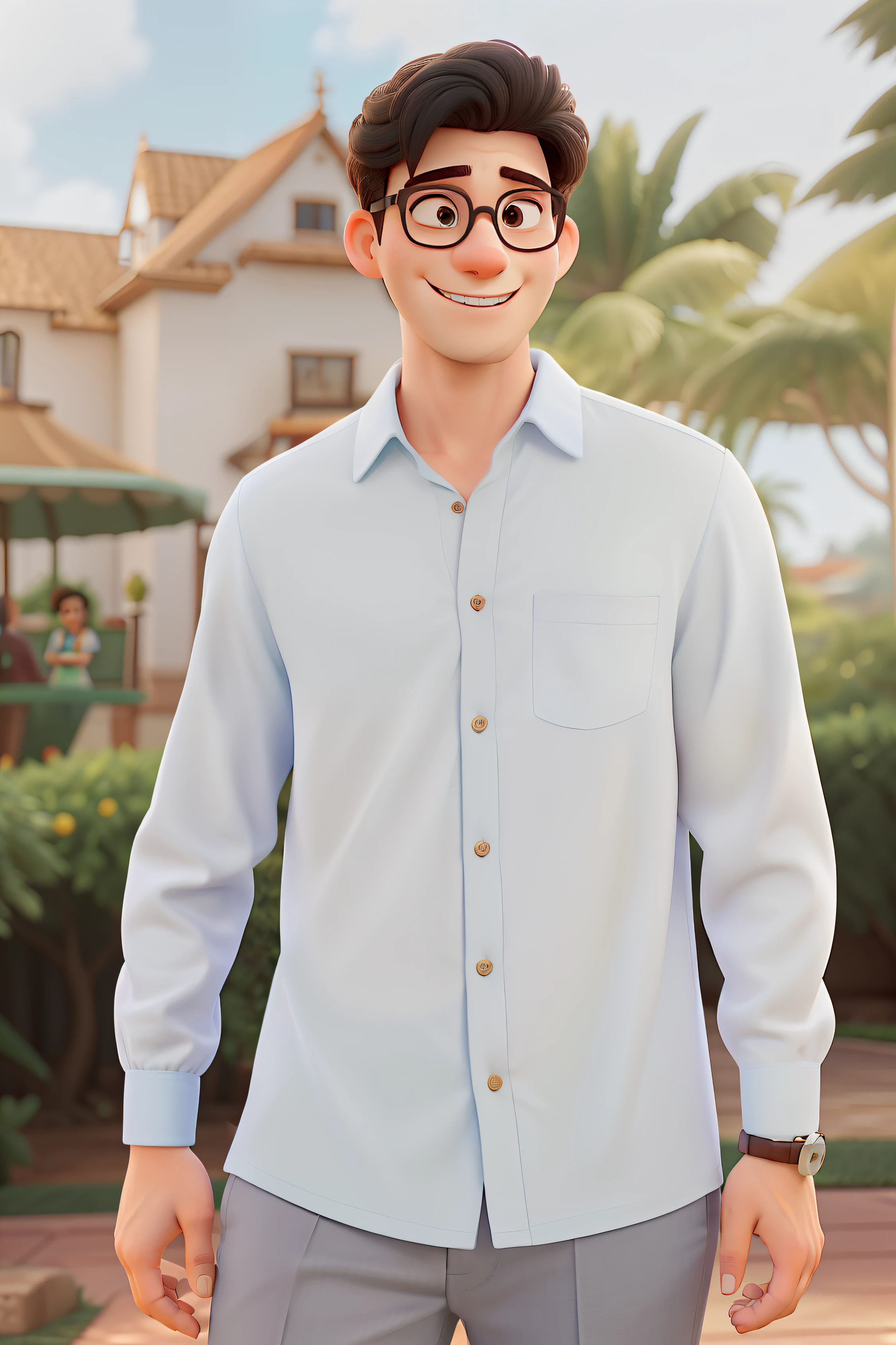 Happy couple hugging each other as love from Disney movie, mulher cabelo cacheado, The two wearing glasses at a social event, Man in gray pants, blusa verde e gravata cinza e mulher no vestido vermelho