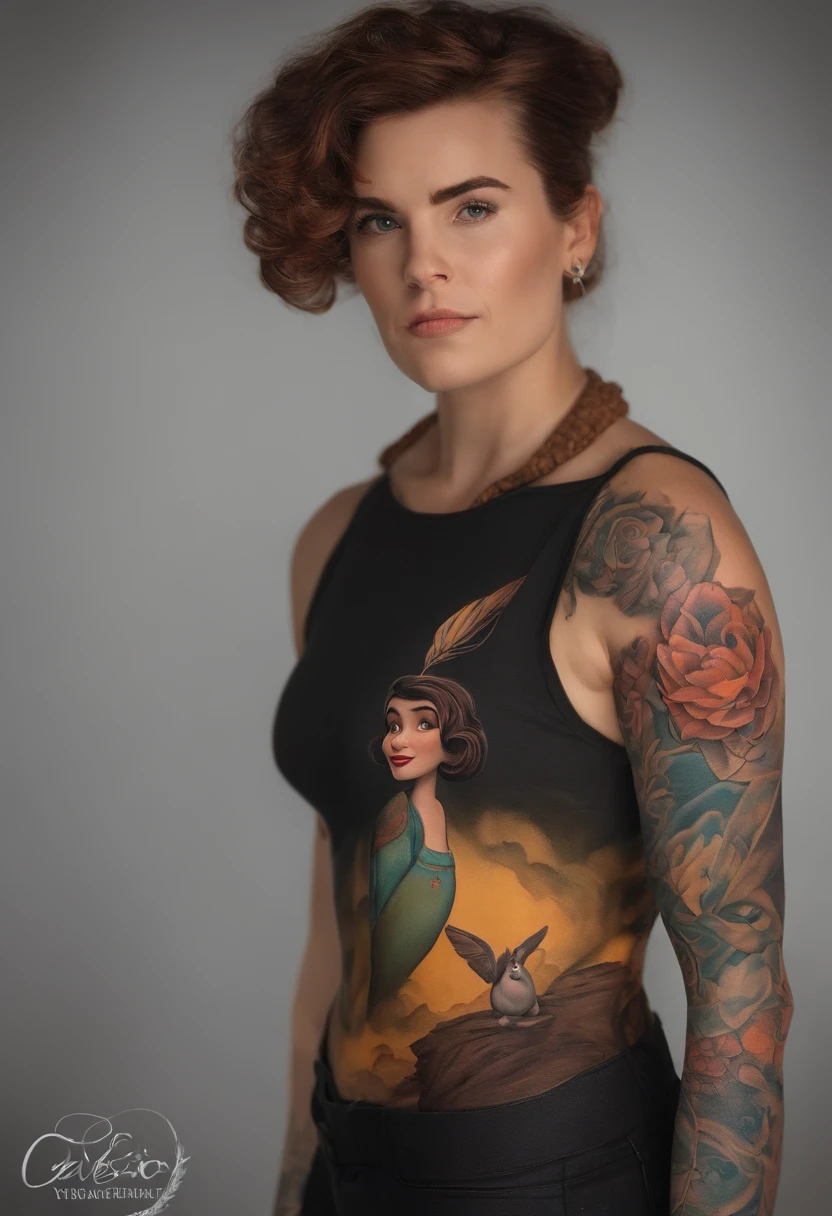 A tattoo artist inspired by Pixar animation, de perto. The character takes center stage with captivating facial expressions, oferecendo um toque de irrealidade. Cabelo preto, pele clara e desenhando.