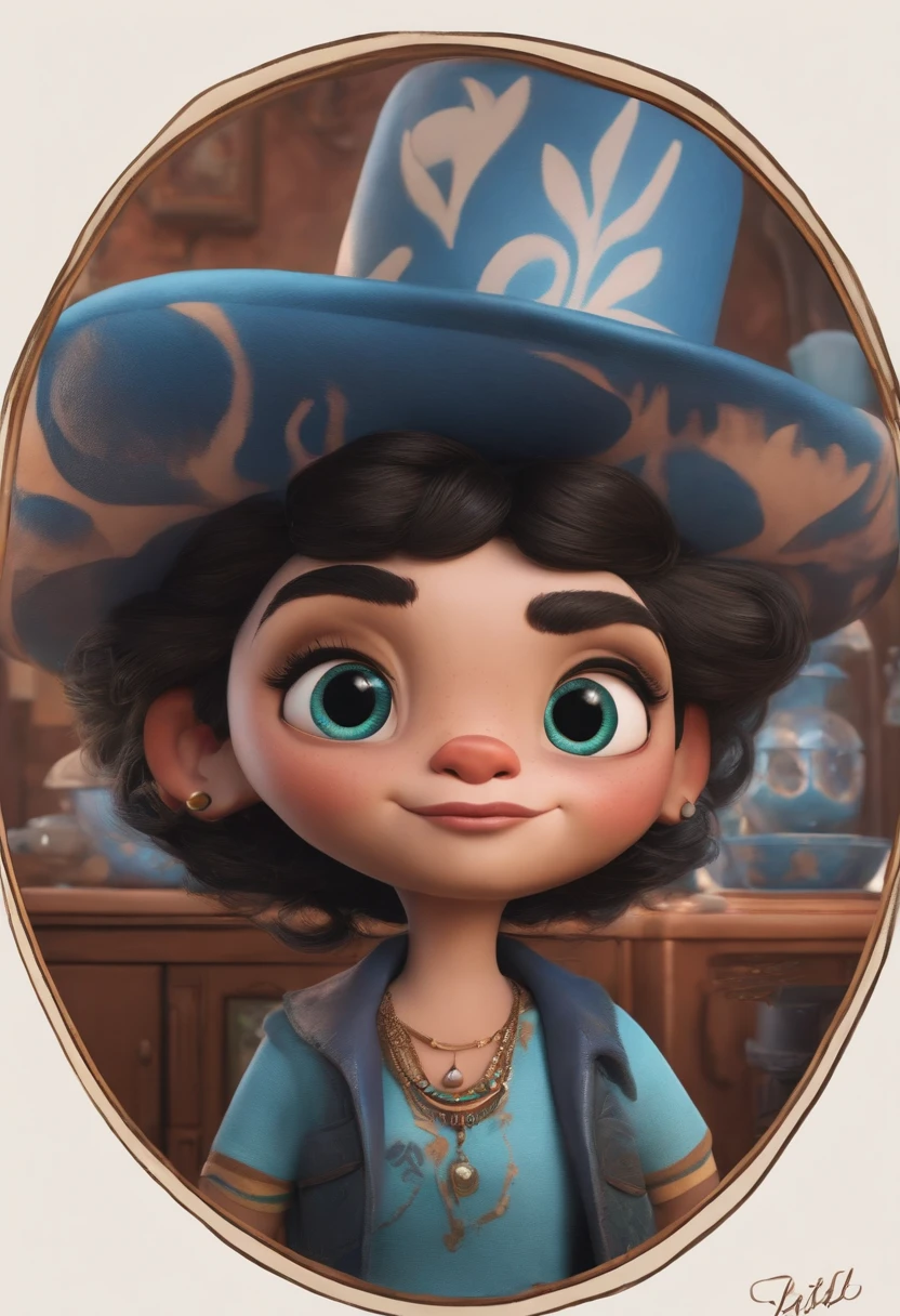 A tattoo artist inspired by Pixar animation, de perto. The character takes center stage with captivating facial expressions, oferecendo um toque de irrealidade. Cabelo preto, pele clara e desenhando.