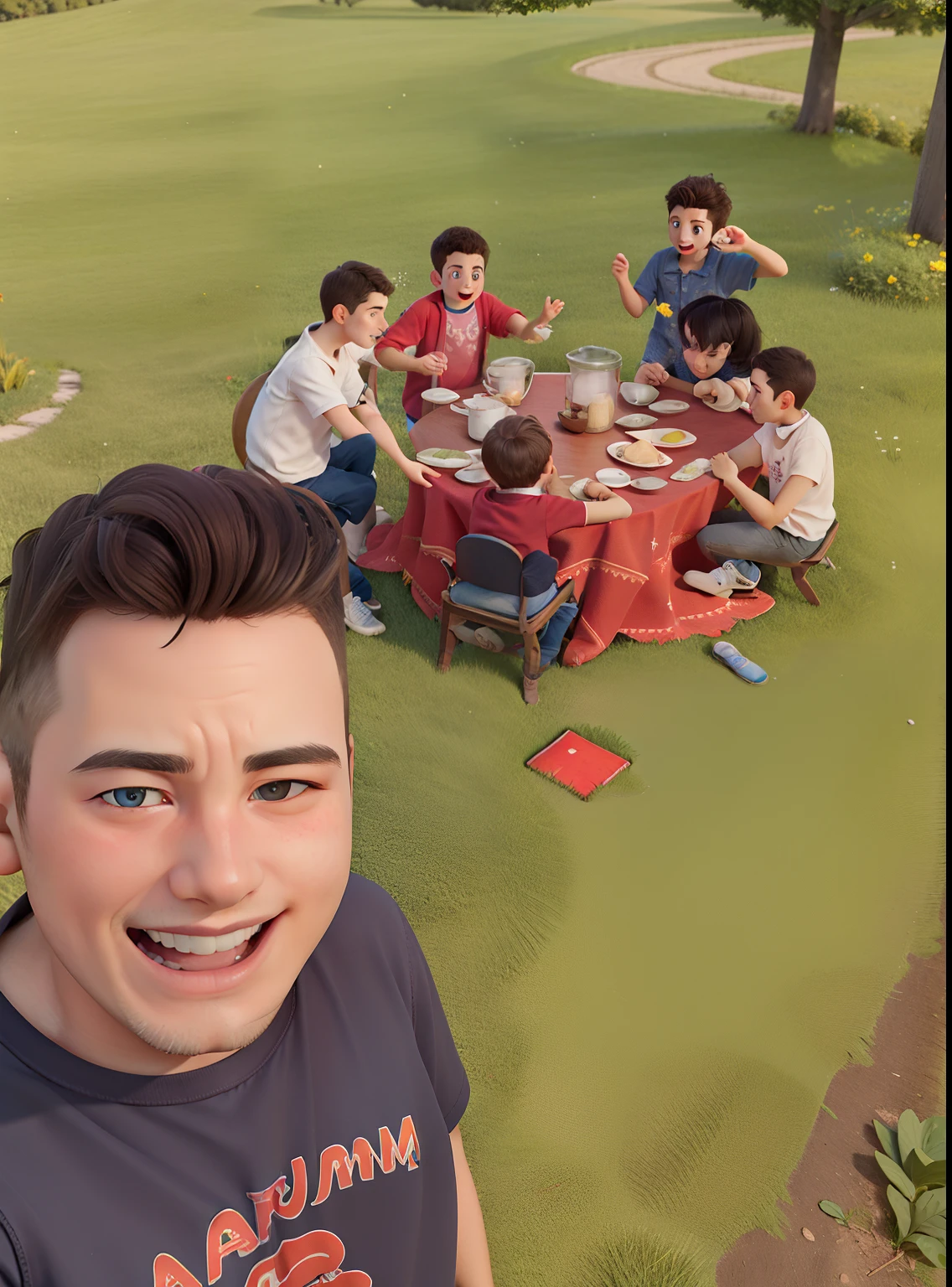 obra-prima, alta qualidade melhor qualidade, 4girl, 7 boys, blue_sky, nuvem, cloudy_sky, grama, pequenique