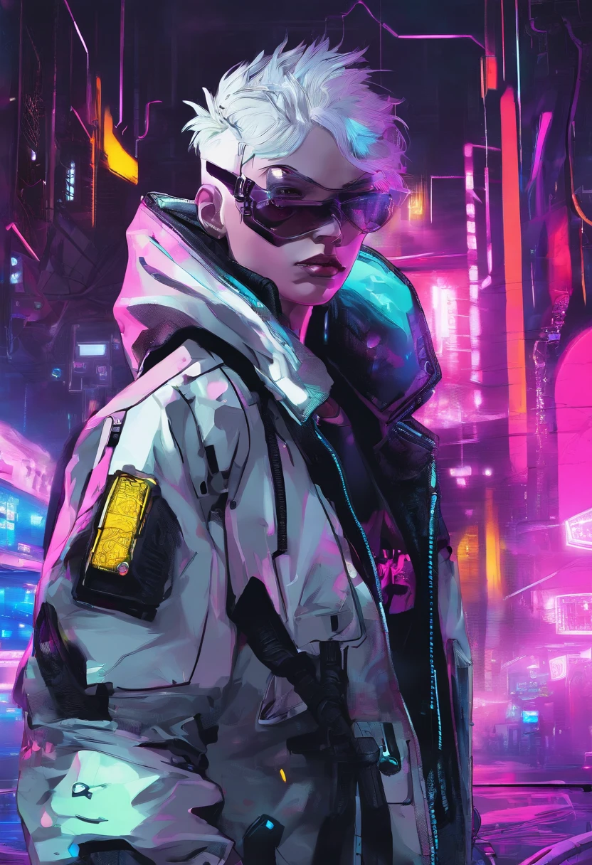 1 male, white hair, femboy, netrunner