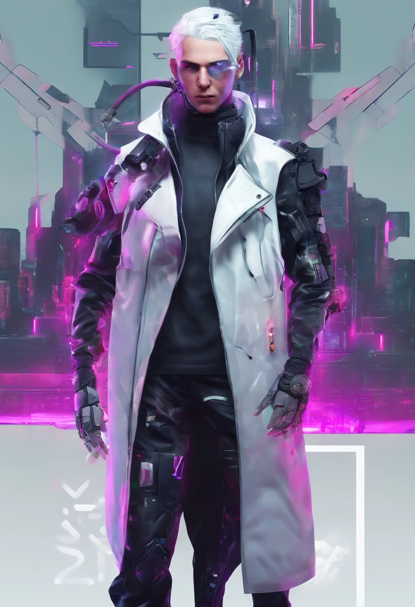 1 male, white hair, femboy, netrunner
