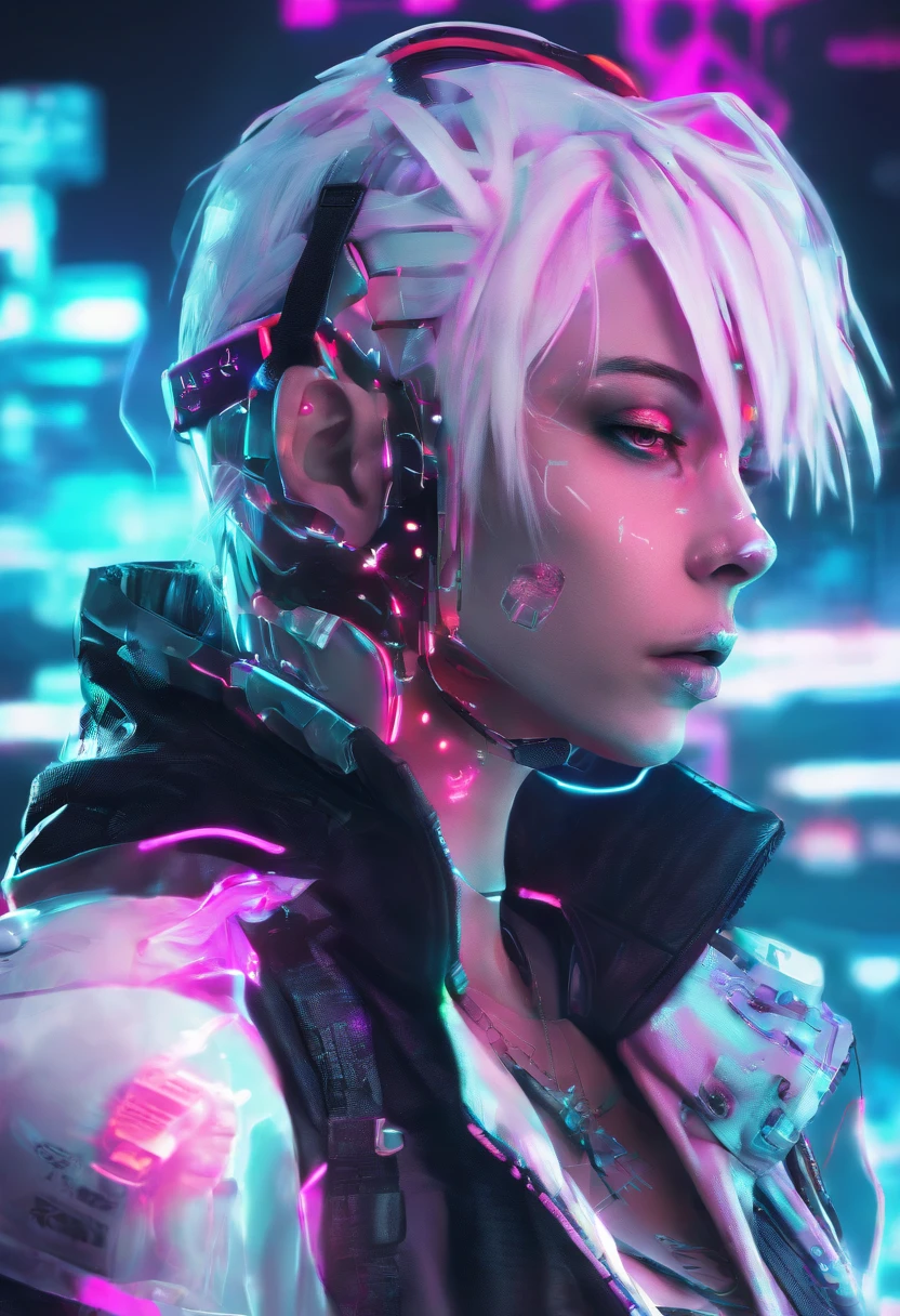1 male, white hair, femboy, netrunner