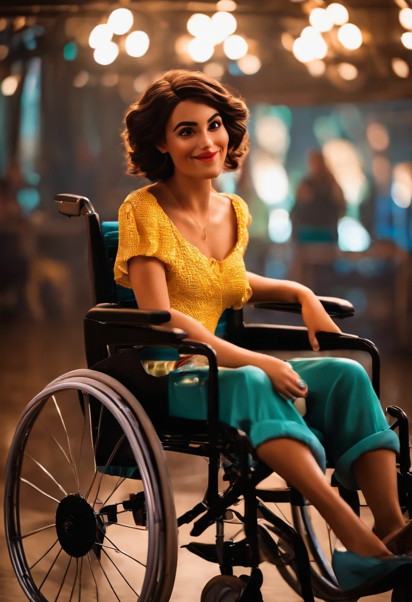 Disney Pixar Style Image: With Personality, Adult Woman, Wheelchair Driver, Short Straight Hair, Dancing, com Luan Santana Maquiagem Disney,Pescador, sorridente ,Close-up, Pixar, Disney, Cinema lighting,
