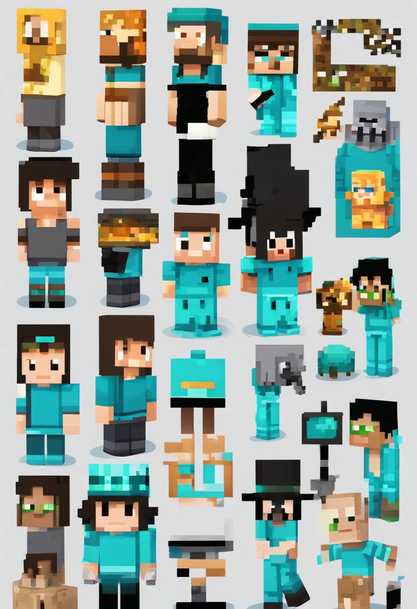 Personagem masculino de Minecraft com metade da face preta destacando olhos e sorriso azul, chifres em formato de chama azul, roupa preta, luvas azul-turquesa, botas brancas, ombreiras azuis, cabelo preto e azul, olhos grandes e luminosos, Pixel shape and symmetrical design.