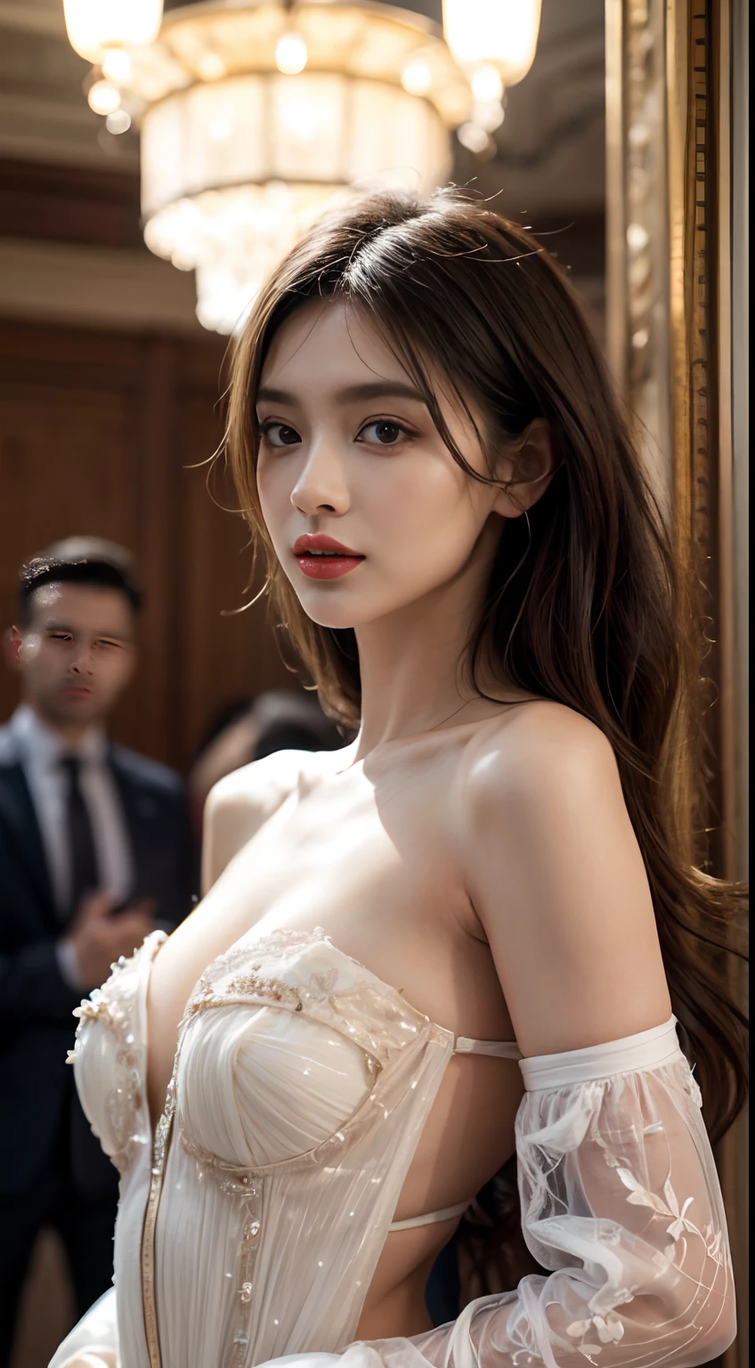 (Ultra-detailed, A high resolution, Masterpiece:1.2), professional, Perfectcomposition,Vibrant colors, Stunning lighting, Fashion show, Charismatic model, posing elegantly, detailed outfits, Catwalk, Stylish atmosphere, mesmerizing looks,Exquisite facial features, A confident expression, Dynamic movements, Atmospheric lighting, GLOSSY TEXTURE, Luxurious design, Intricate patterns, haute couture fashion, edgy style, A well-crafted ensemble, Exquisite details.anatomy correct