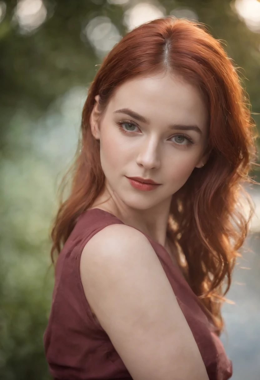 4k, 8k, master part, best quality, parte superior do corpo, 1girl, Olhando para o Viewer, red hair, medium hair, Olhos verdes, A atriz tem 23 anos, busto aberto, Um rapaz, jardim, animais, Isso, pornstar ready to fuck