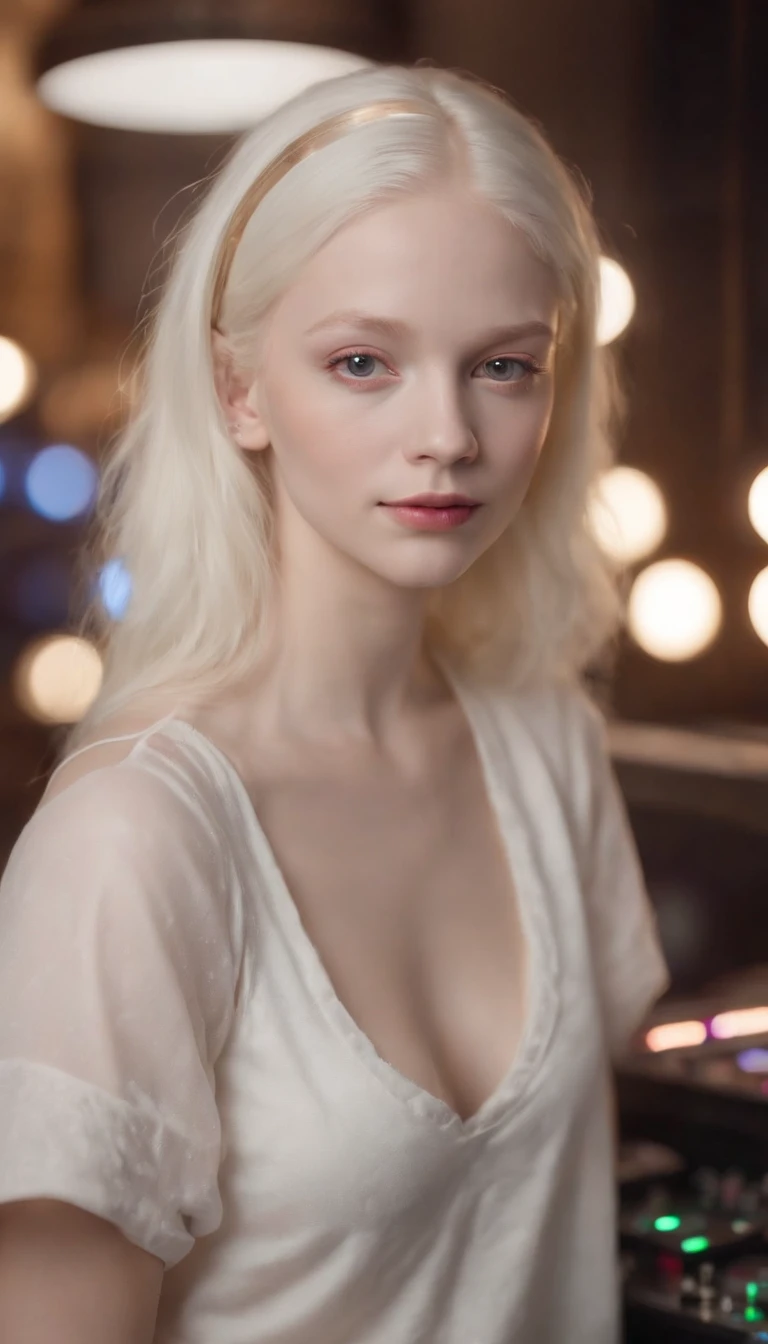 make a wonderful 20 year old albino girl in night clothes working as a Dj at night, with a brown birthmar k in your arm like 2 stars one bigger and one smaller. she is attractive