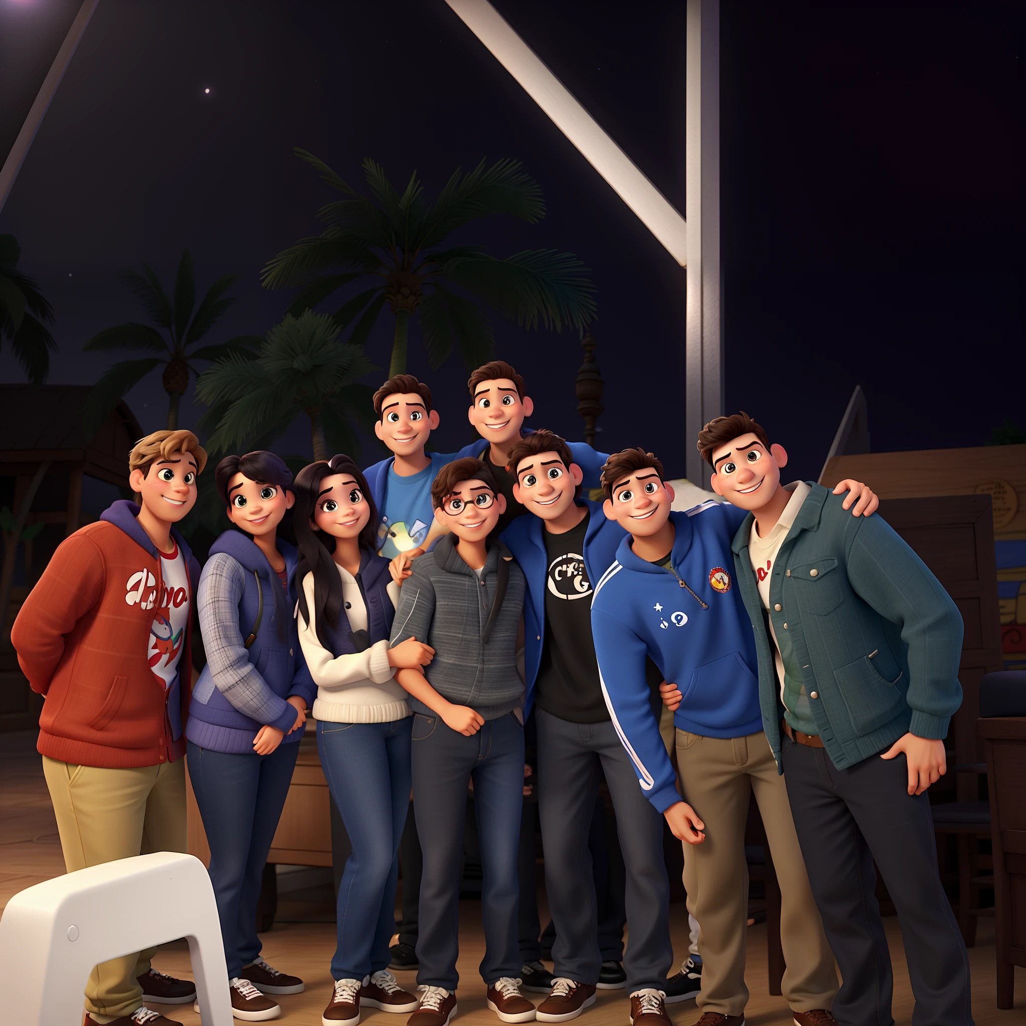 nove pessoas de noite estilo disney pixar , melhor qualidade, alta qualidade