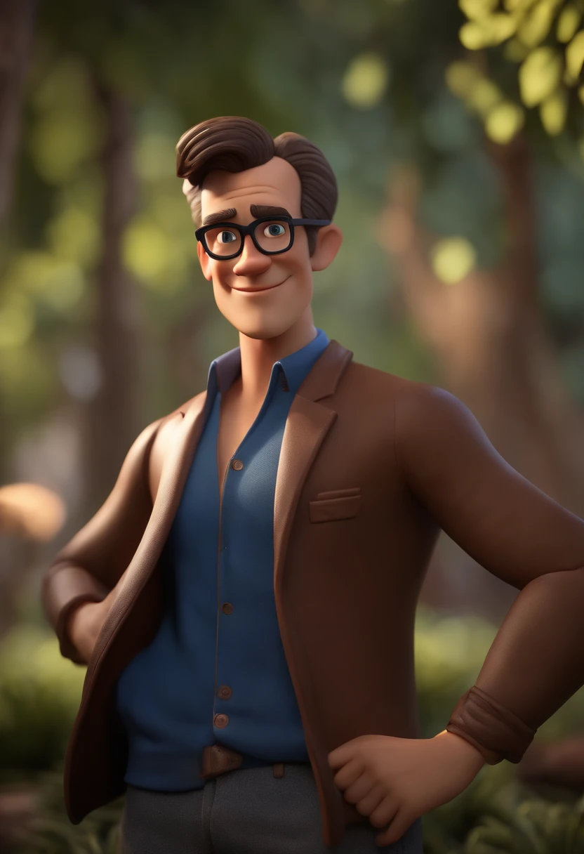 Cartoon character of a man with black glasses, cabelo cacheado marrom escuro e uma camisa azul, animation character, Caractere estilizado, animation style rendering, 3D estilizado, Arnold Maya render, 3 d render stylized, toon render keyshot, Personagem 3D, Personagem 3D, 3d rendering stylized, 3 d character render, personagem de desenho animado, Personagem de close up, Pose de personagem, (Estilo Pixar) (master part:1.2) (Bokeh) (best quality) (pele detalhada) (textura detalhada) (8k) (argila) (Cinematic lighting) (foco nítido