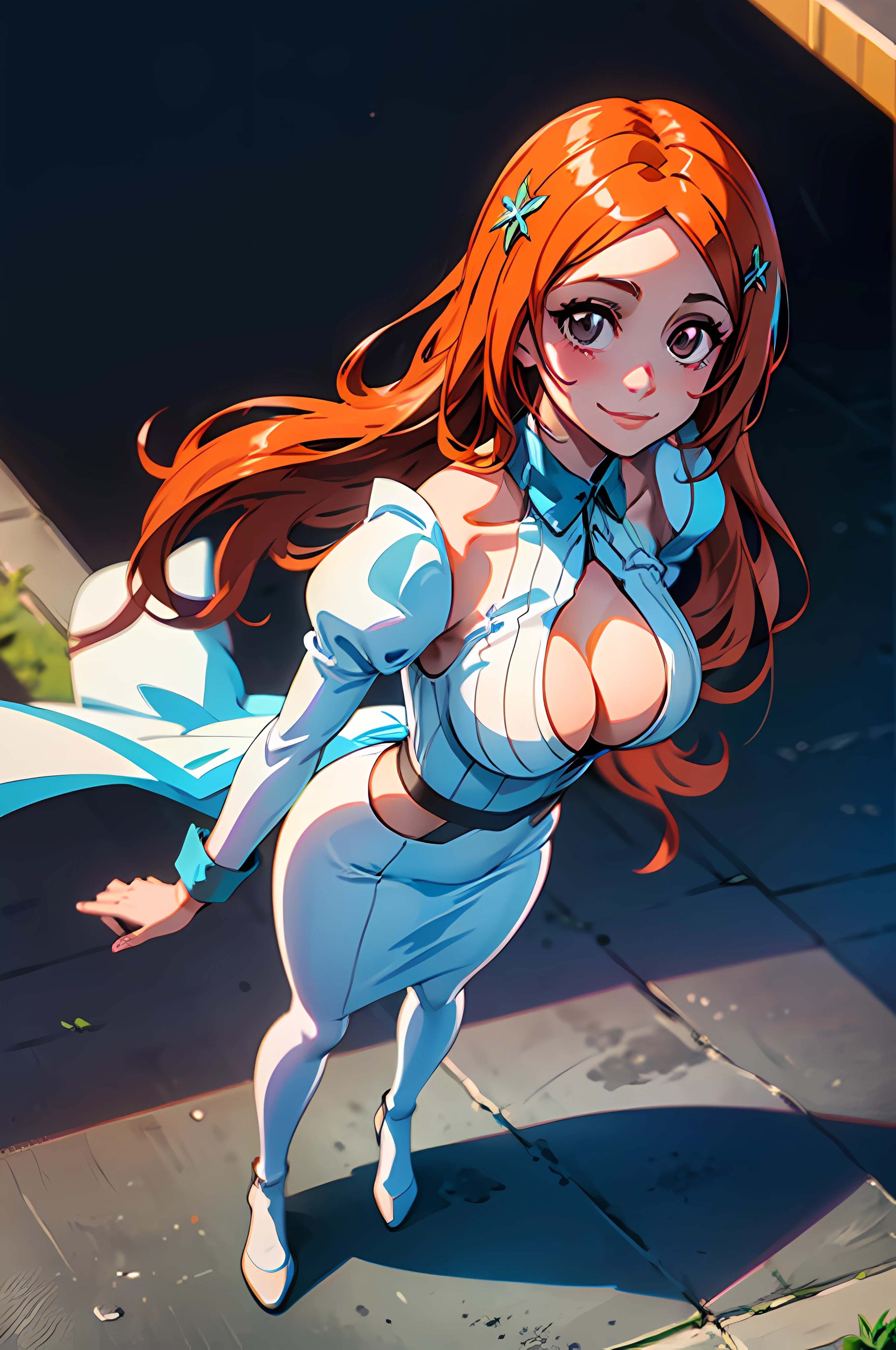 ((Upward angle shot)), dynamic shot, masterpiece, best quality, Inouedress, 1girl, solo, orihime, standing, bodydress, cleavage, long hair, gray eyes, hair between the face, beautiful,detailed eyes,beautiful, slight smile, darkroom, looking at viewer, portrait, full body