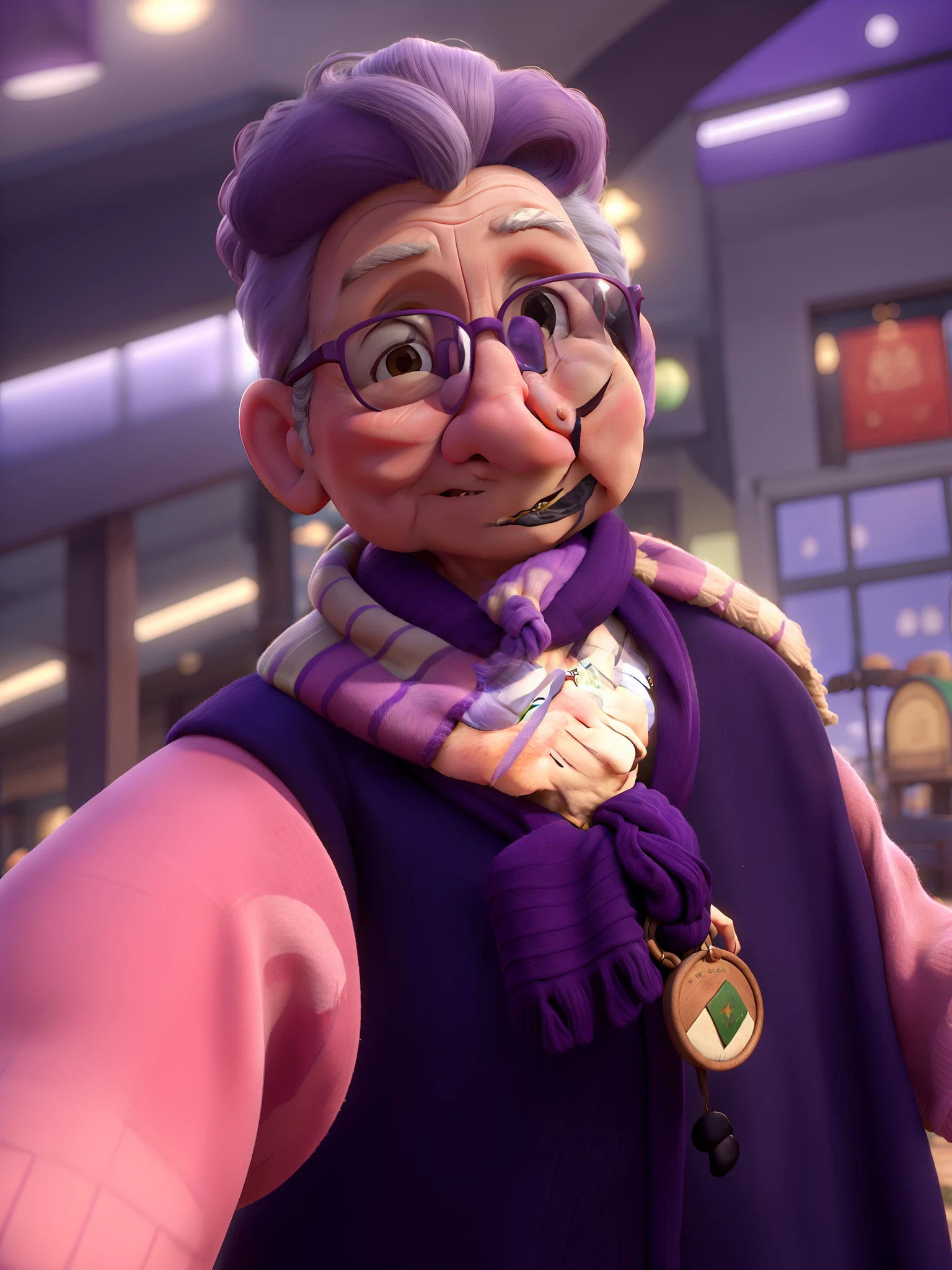 masterpiece, best quality, an old woman with glasses and a scarf on, wearing a purple coat and green scarf, standing at the park