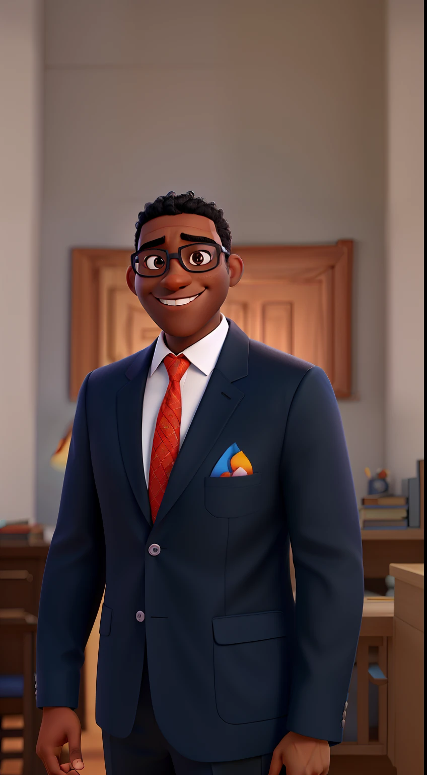 transform the image into a Pixar Disney cartoon character of a dark-skinned man with black glasses, sorridente, vestido de terno azul, blusa branca, gravata vermelha , Estilo Pixar