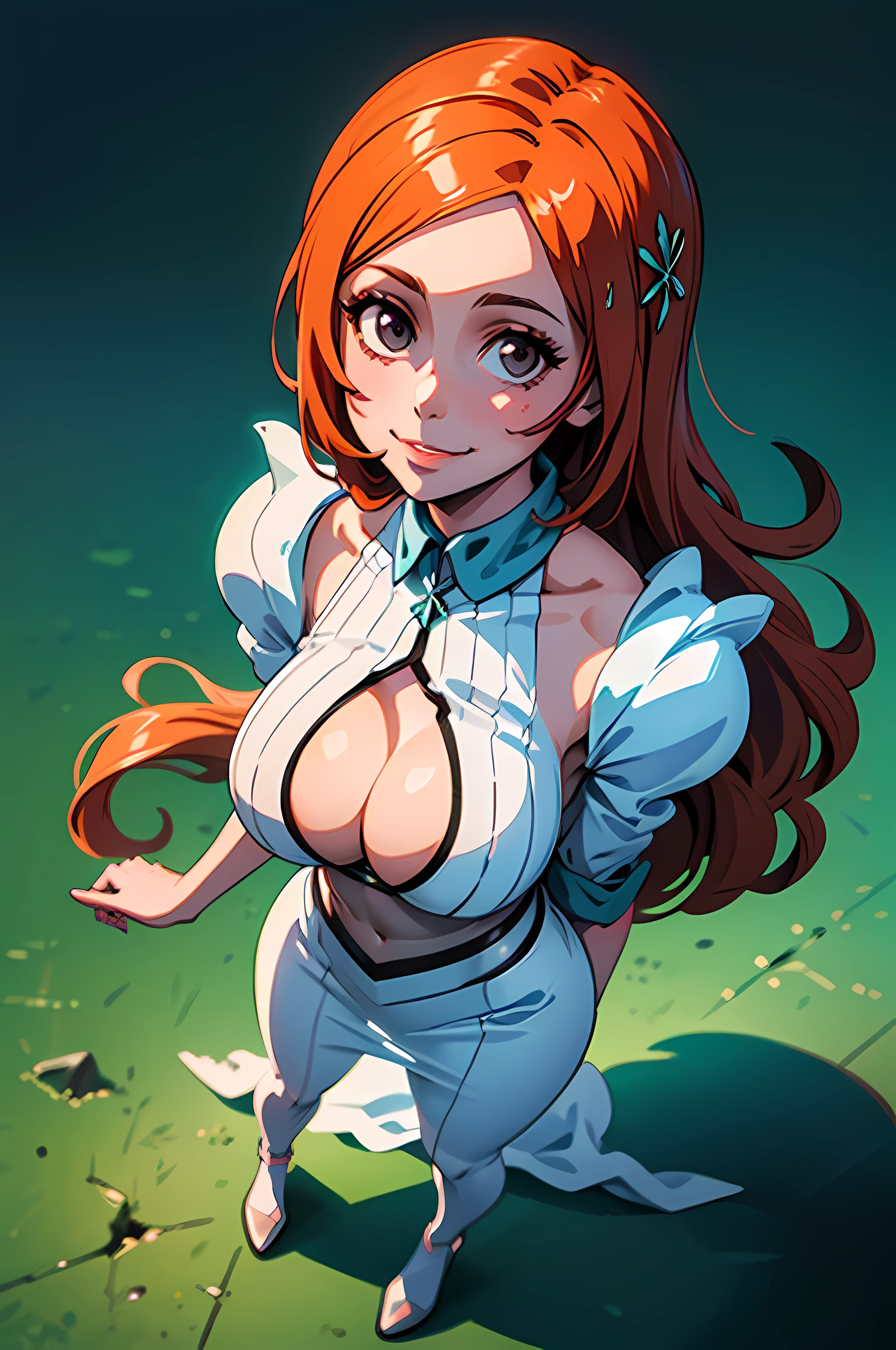 ((Upward angle shot)), masterpiece, best quality, Inouedress, 1girl, solo, orihime, standing, bodydress, cleavage, long hair, gray eyes, hair between the face, beautiful,detailed eyes,beautiful, slight smile, darkroom, looking at viewer, portrait, full body