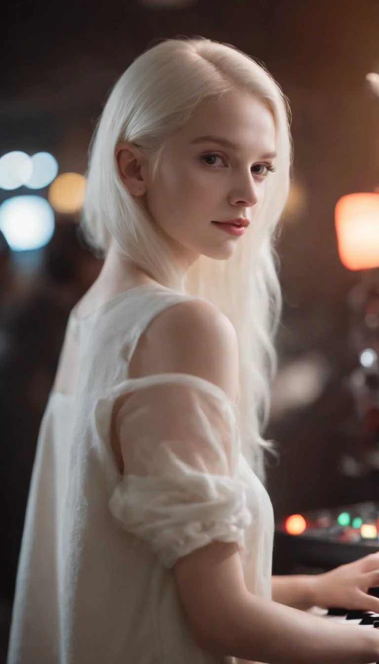 make a wonderful 20 year old albino girl in night clothes working as a Dj at night, with a brown birthmar k in your arm like 2 stars one bigger and one smaller. she is attractive. have a long hair.