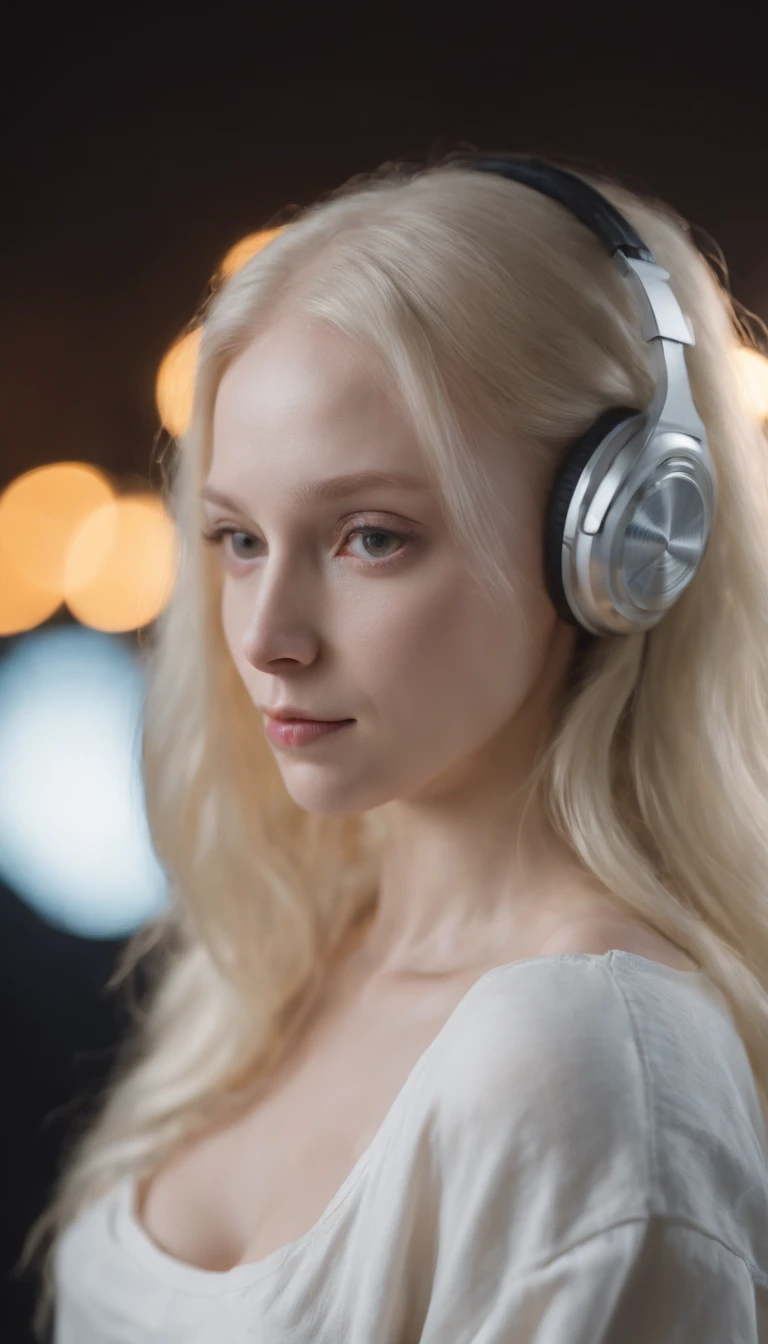 make a wonderful 20 year old albino girl in night clothes working as a Dj at night, with a brown birthmar k in your arm like 2 stars one bigger and one smaller. she is attractive. have a long hair.