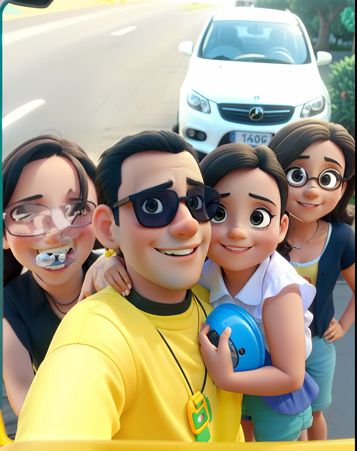 Four people taking a picture in front of a car a smiling girl,a man in sunglasses and a yellow blouse from Brazil,A baby holding the pacifier ,e uma mulher jovem de top preto