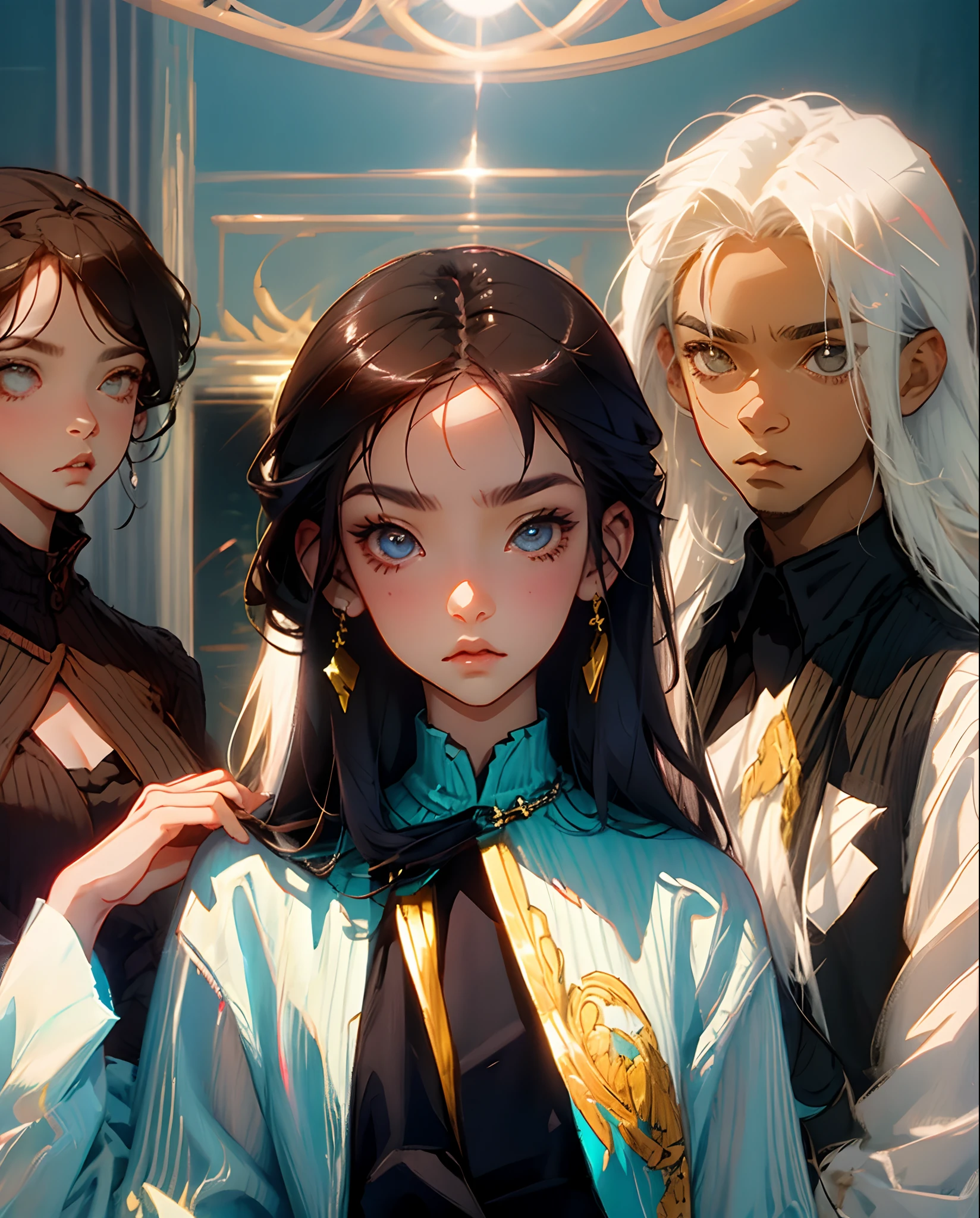 Menino em estilo anime de cabelo preto com olhos roxos com cabelos grandes olhar vazio e uma roupa branca com toca e mangas muito longas