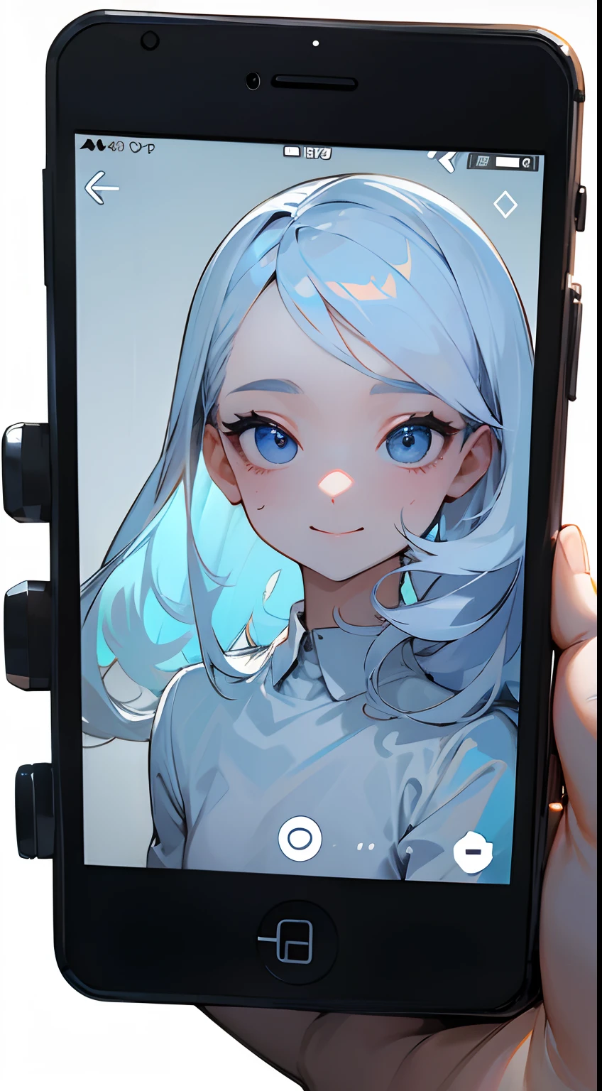 [a hand holding a smartphone, POV, screen, technological, simple, rectangle, white background, , smartphone wallpaper: woman inside a smartphone,youtuber, perfect face, expressive eyes,photo,smilling, white shirt, perfect anatomy:8]