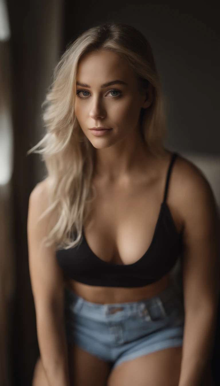 Alafed woman in matching tank top and panties, Long Blonde Hair, Sexy girl with blue eyes, Portrait Sophie Mudd, blonde hair and large eyes, selfie of a young woman, bedroom eyes, Violet Myers, without makeup, Natural makeup, Looking directly at the camera, face with artgram, subtle makeup, Stunning full-body shots, at bedroom, cleavage