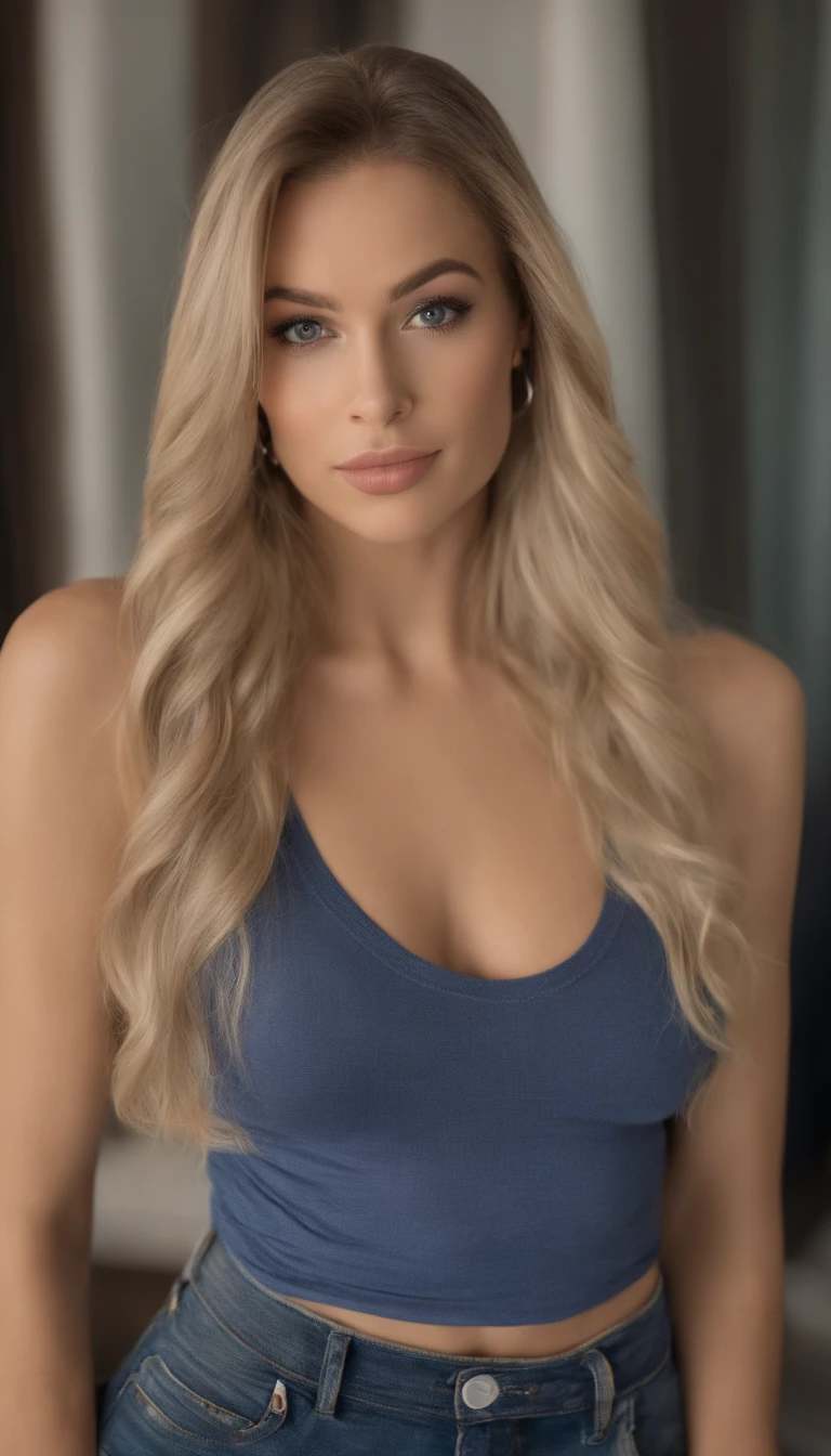 Alafed woman in matching tank top and panties, Long Blonde Hair, Sexy girl with blue eyes, Portrait Sophie Mudd, blonde hair and large eyes, selfie of a young woman, bedroom eyes, Violet Myers, without makeup, Natural makeup, Looking directly at the camera, face with artgram, subtle makeup, Stunning full-body shots, at bedroom, cleavage
