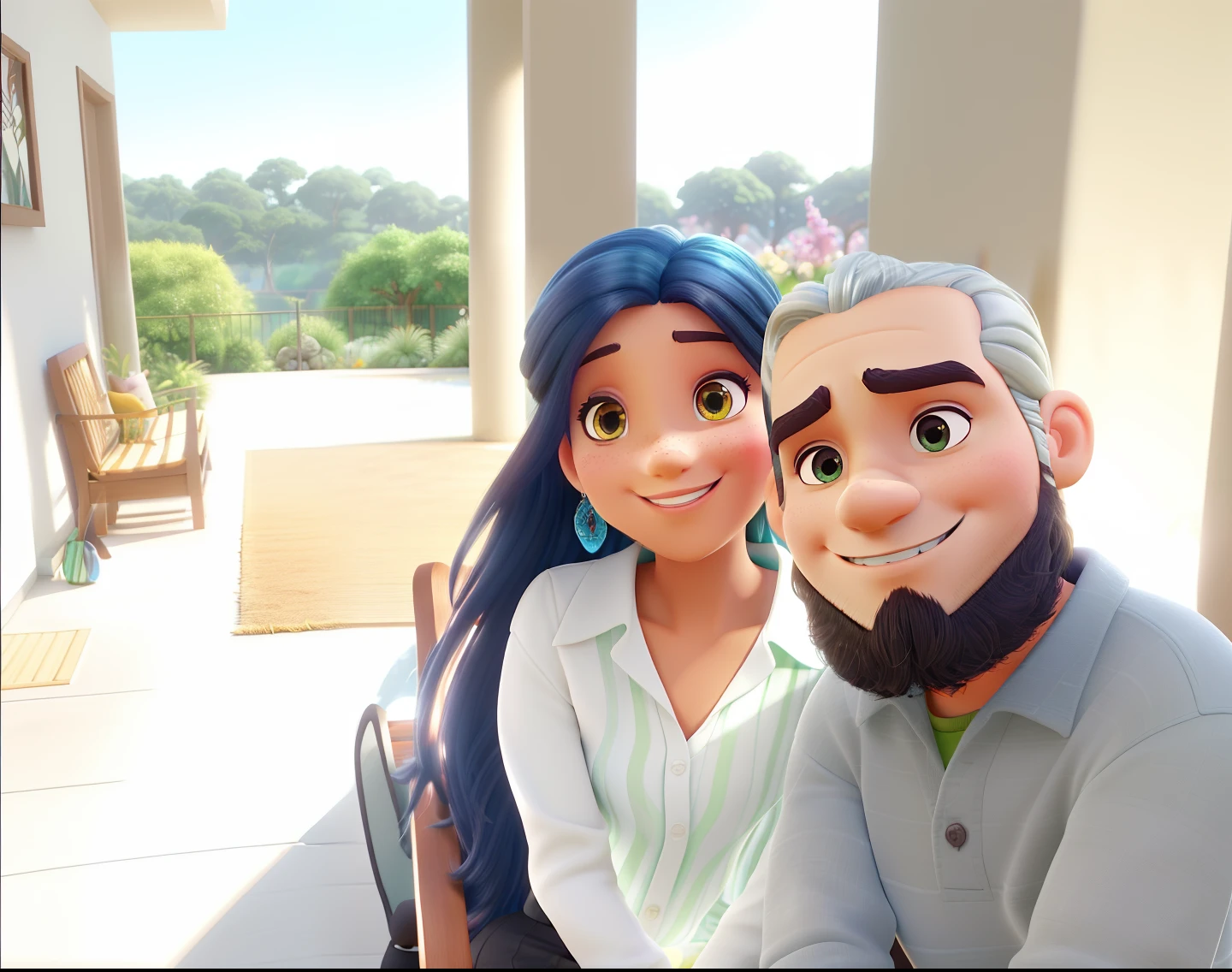 (homem bonito com cabelo preto:1.1),(portanto, Beautiful woman with fair skin and long flowing hair:1.1),Estilo Disney Pixar,detalhes visuais de alta qualidade,(cores vibrantes, tons vibrantes),magic lighting,Extravagant scenery,Romantic Atmosphere,olhos brilhantes,(diferente, defined facial features),Ambiente de jardim exuberante,rays of sunshine filtering through the trees,(Amoroso, Affective interaction),sorrisos encantadores,Unique fashion choices,elementos de fantasia,master part:1.2,ultra-detalhado,Photorealistic rendering