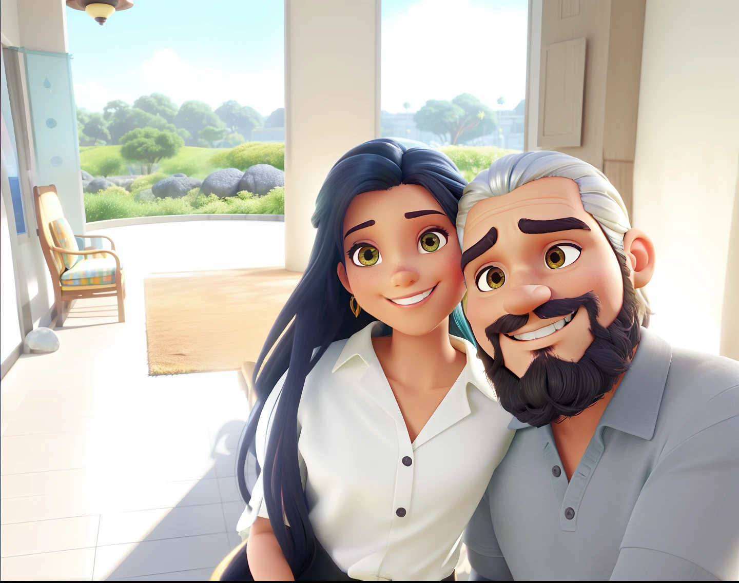 (homem bonito com cabelo preto:1.1),(portanto, Beautiful woman with fair skin and long flowing hair:1.1),Estilo Disney Pixar,detalhes visuais de alta qualidade,(cores vibrantes, tons vibrantes),magic lighting,Extravagant scenery,Romantic Atmosphere,olhos brilhantes,(diferente, defined facial features),Ambiente de jardim exuberante,rays of sunshine filtering through the trees,(Amoroso, Affective interaction),sorrisos encantadores,Unique fashion choices,elementos de fantasia,master part:1.2,ultra-detalhado,Photorealistic rendering