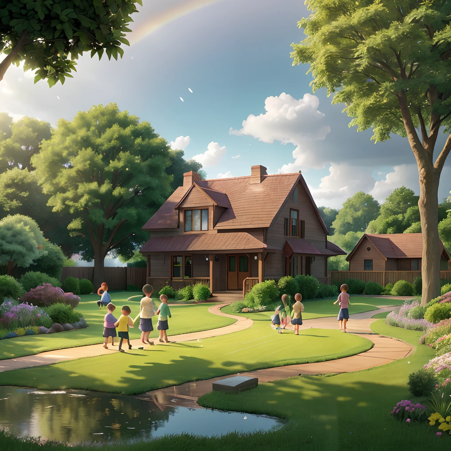 The rain falls gently on the green lawn, where a family is having fun with a colorful ball.  Parents run after their children, who laugh and jump in puddles of water.  The sky is gray, but a rainbow forms on the horizon, bringing hope and joy.  In the background, a cozy house and a leafy tree complete the scene of happiness.