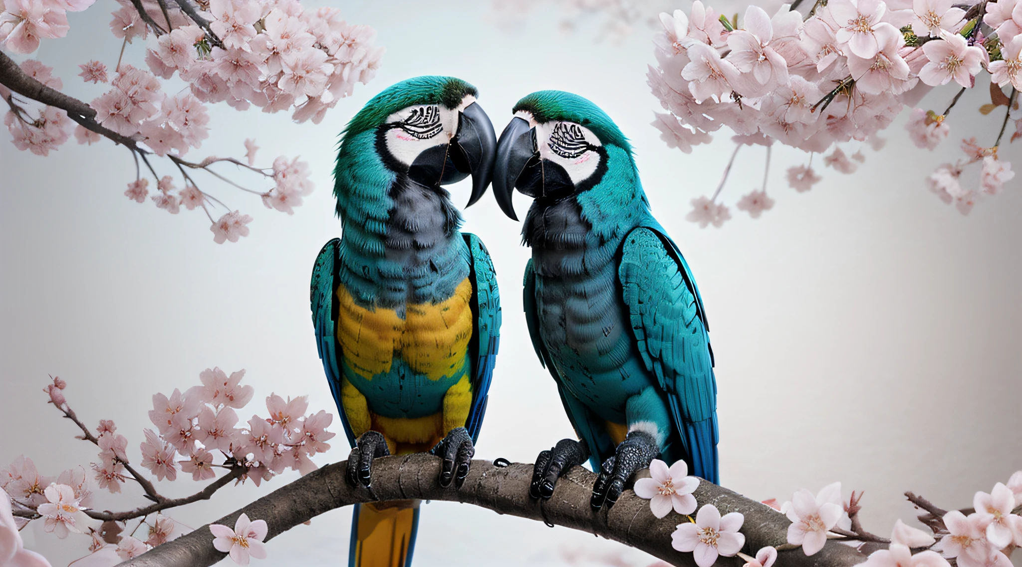 2 Beautiful colorfull macaws Near White Cherry Blossoms on Branches, Fantasy creature, 3d, colorfull dreamy background photo-realistic depiction, majestic bird, intricate plumage, iridescent feathers, mythical charm, dramatic angle, Realistic Photography, Detail, 8K, vivid colors, fine lines