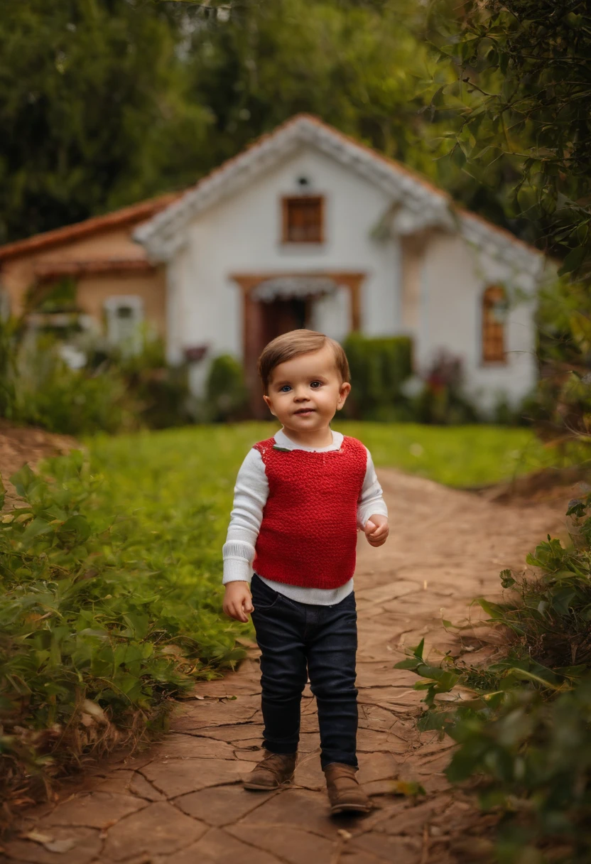 menino: Miguel, aproximadamente 5 anos de idade, cabelo curto estilo Disney, olhos castanhos e sorrisos. garota: Giovana, 2 anos, longos cabelos pretos e olhos azuis. scenecy: Miguel and Giovana are in a cozy little house in the valley, ao fundo um dia ensolarado, Destacando o Sol.