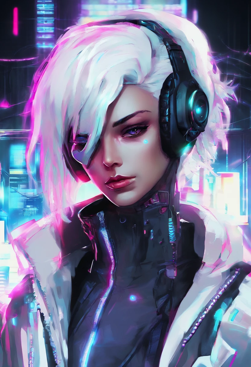 1 male, white hair, femboy, netrunner