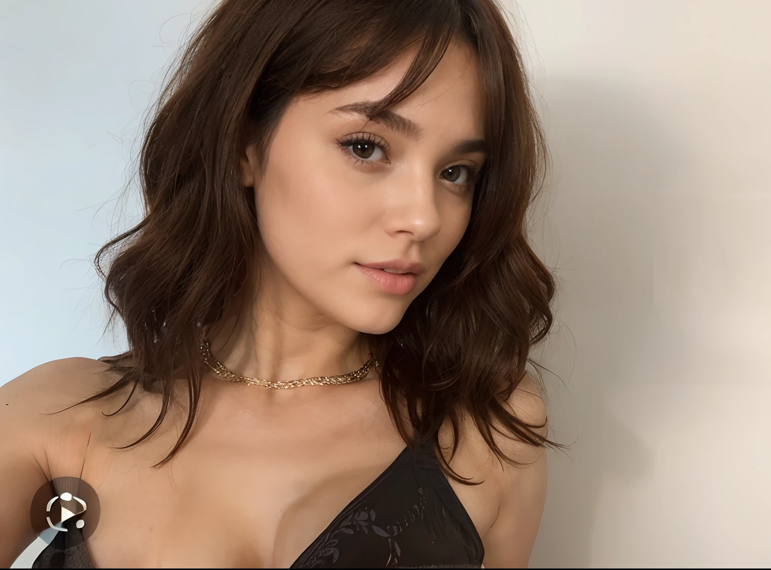 Completely naked, boob showing with small brown nipples