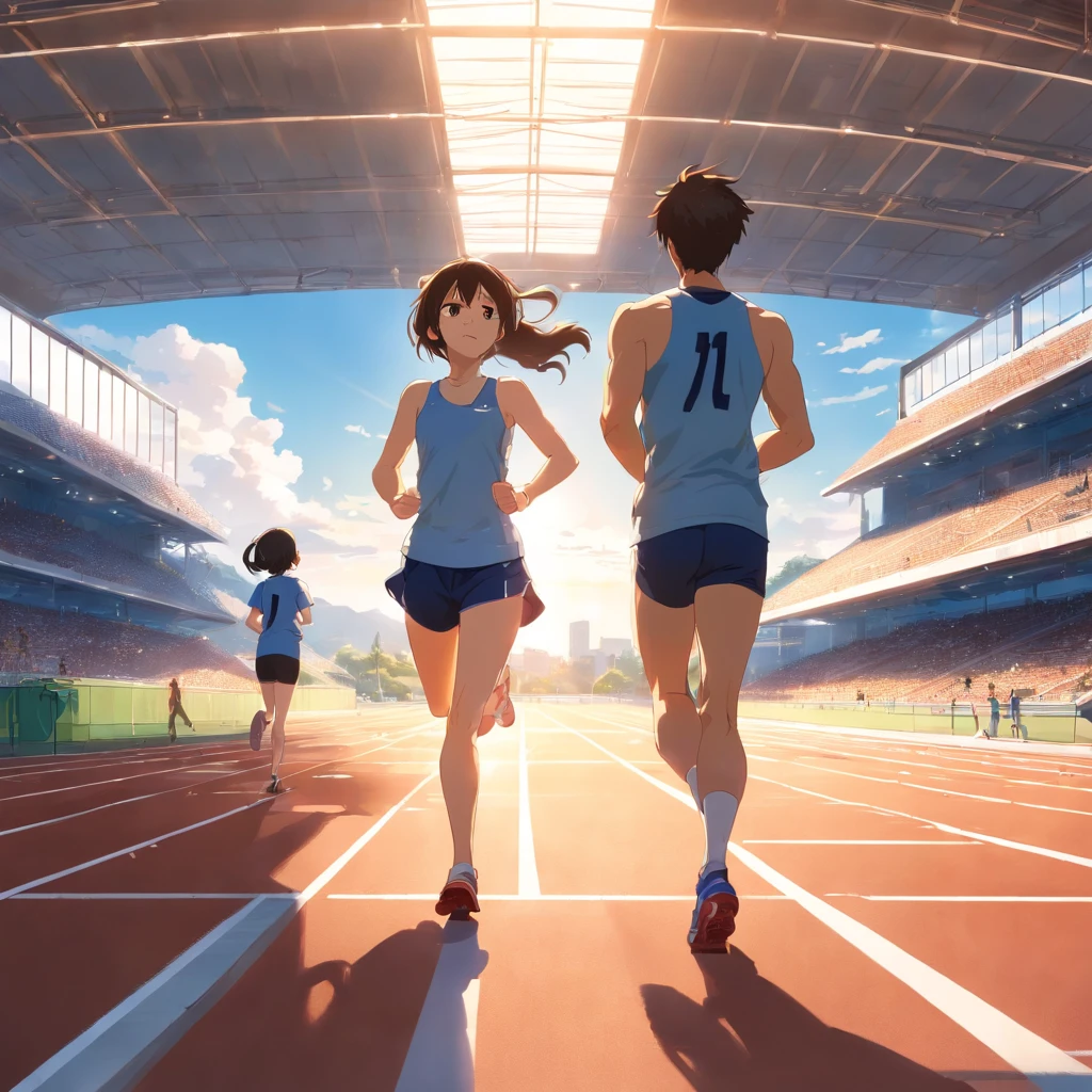 Scene of athletic trainer standing next to girl sitting in stand, Watch the athletes running on the track and field field. The girl seems completely absorbed in the action, pinning her eyes to the corridor that passes through her,. Athletics coach is next to a girl, Watch and look at the truck with proud eyes. She has a modest smile on her face, Shows his support for the girl and passion for sports. The athletics field in front of you is illuminated by the sun, Highlight the sweaty body of a moving runner, While the girl and her trainer stay there, Marvel at the sight before you.