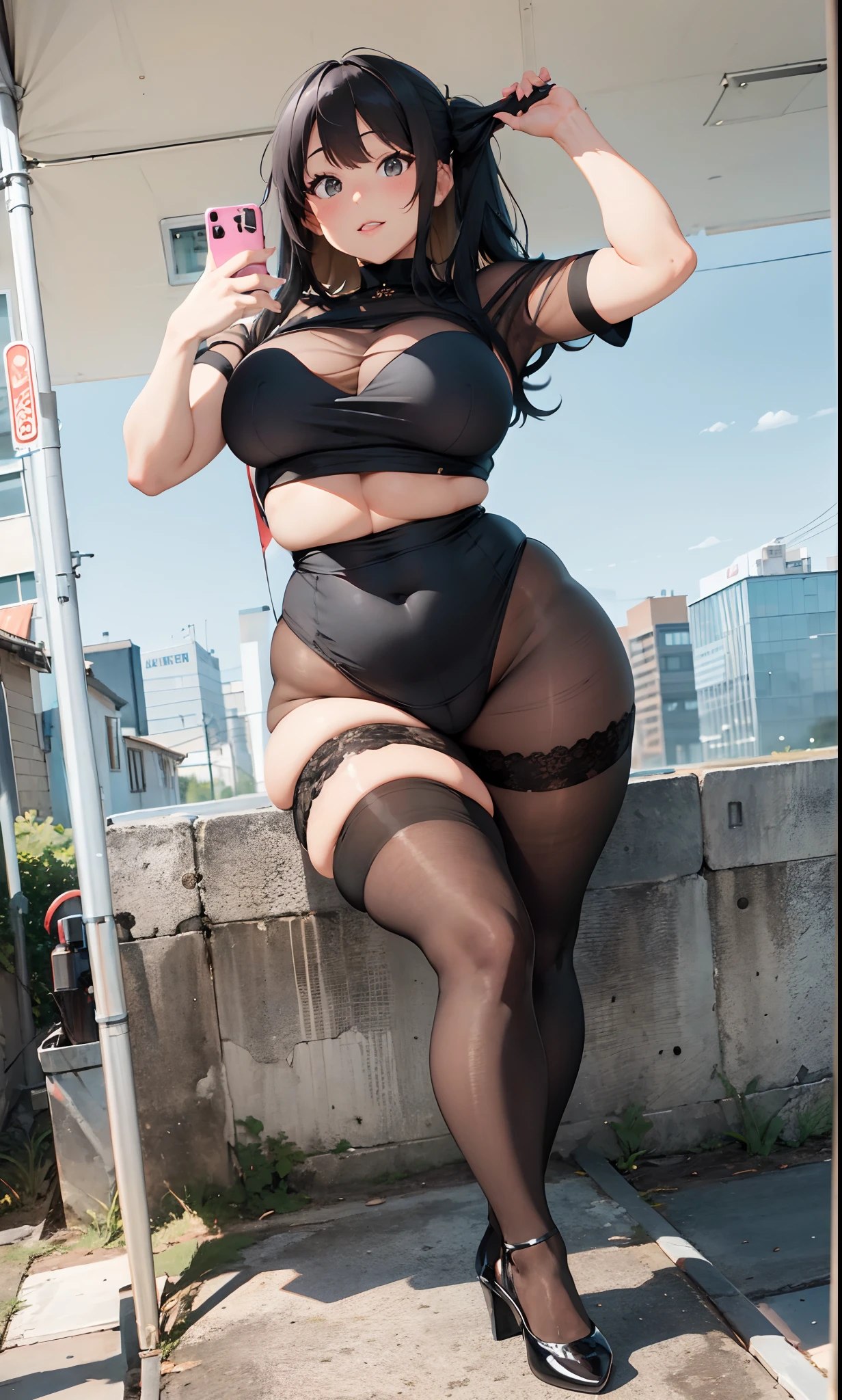 there is a woman in a black lingerie taking a selfie, ripped pantyhose, sexy look, tights, tights, thicc, clear curvy details, large thighs, stockings, pawg, tight attire, thick thighs, see - through, see through, bbw, thick body, curvy body, very curvy, thick, wearing in stocking, pantyhose tights