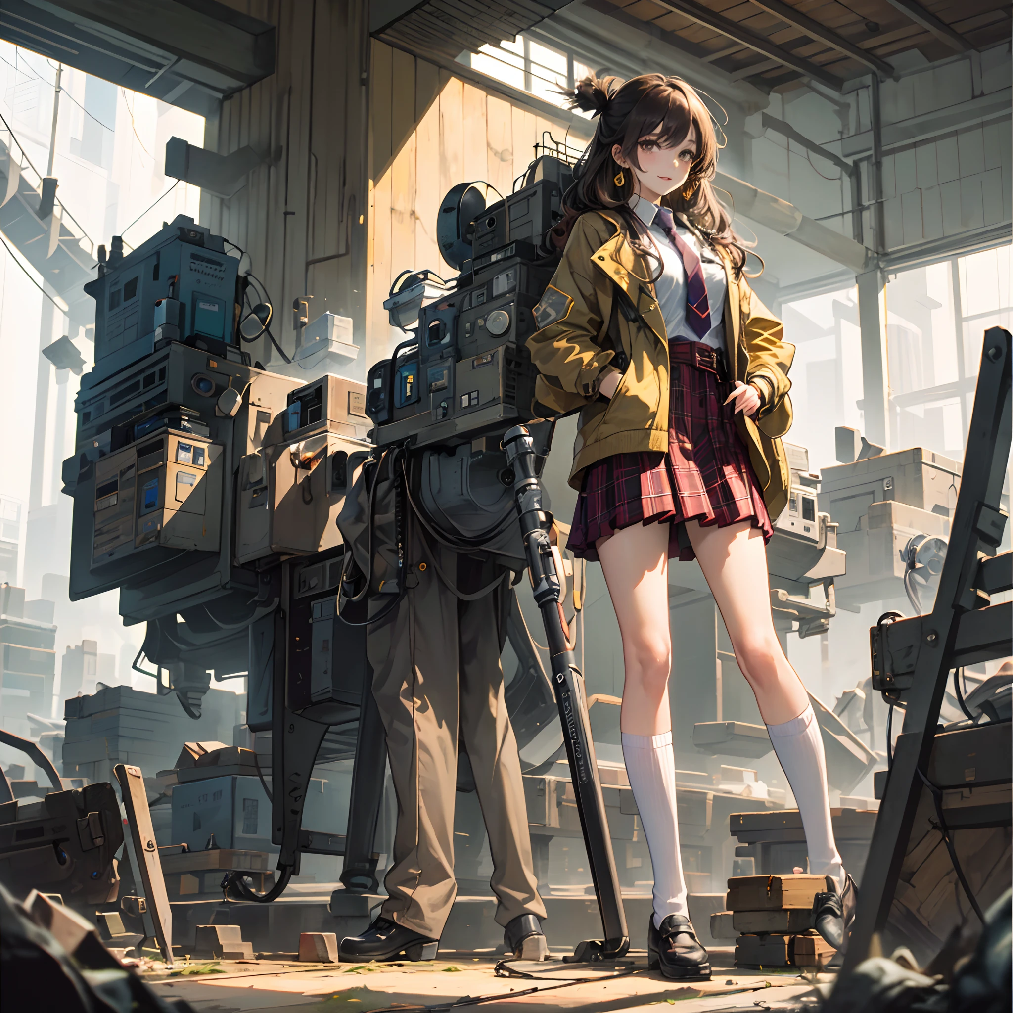 ((masterpiece, best quality)),very detailed, simple eyes,medium breasts,standing,lisa imai,1girl,smile, blue_necktie, brown_hair, haneoka_school_uniform, earrings, full_body, grey jacket, jewelry, long_hair, looking_at_viewer, necktie, plaid, plaid_skirt, pleated_skirt, school_uniform, skirt,