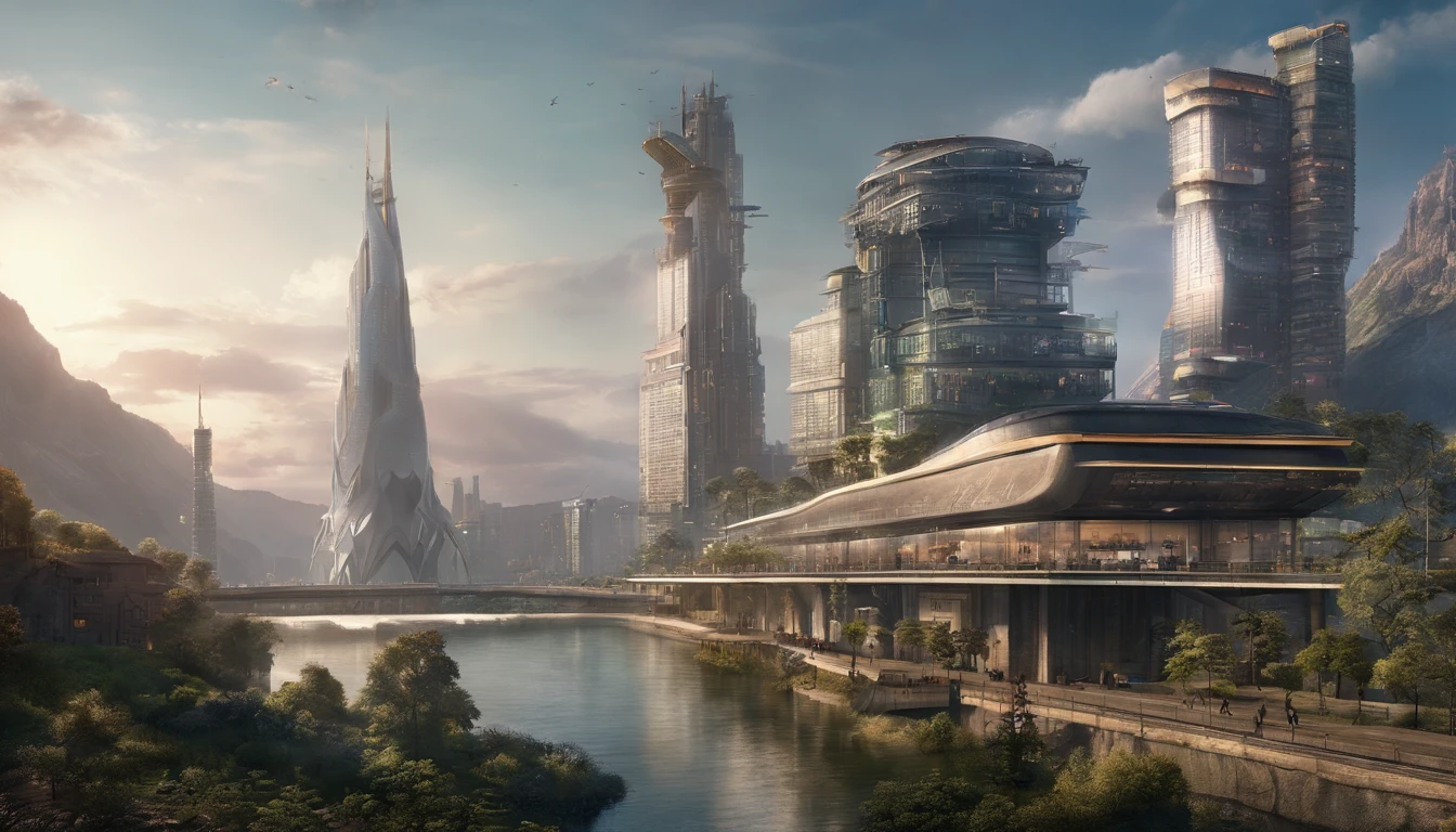 It is mainly landscaped by mountains and rivers，There is only one modern building，The building is predominantly minimalist with a small number of cyberpunk elements