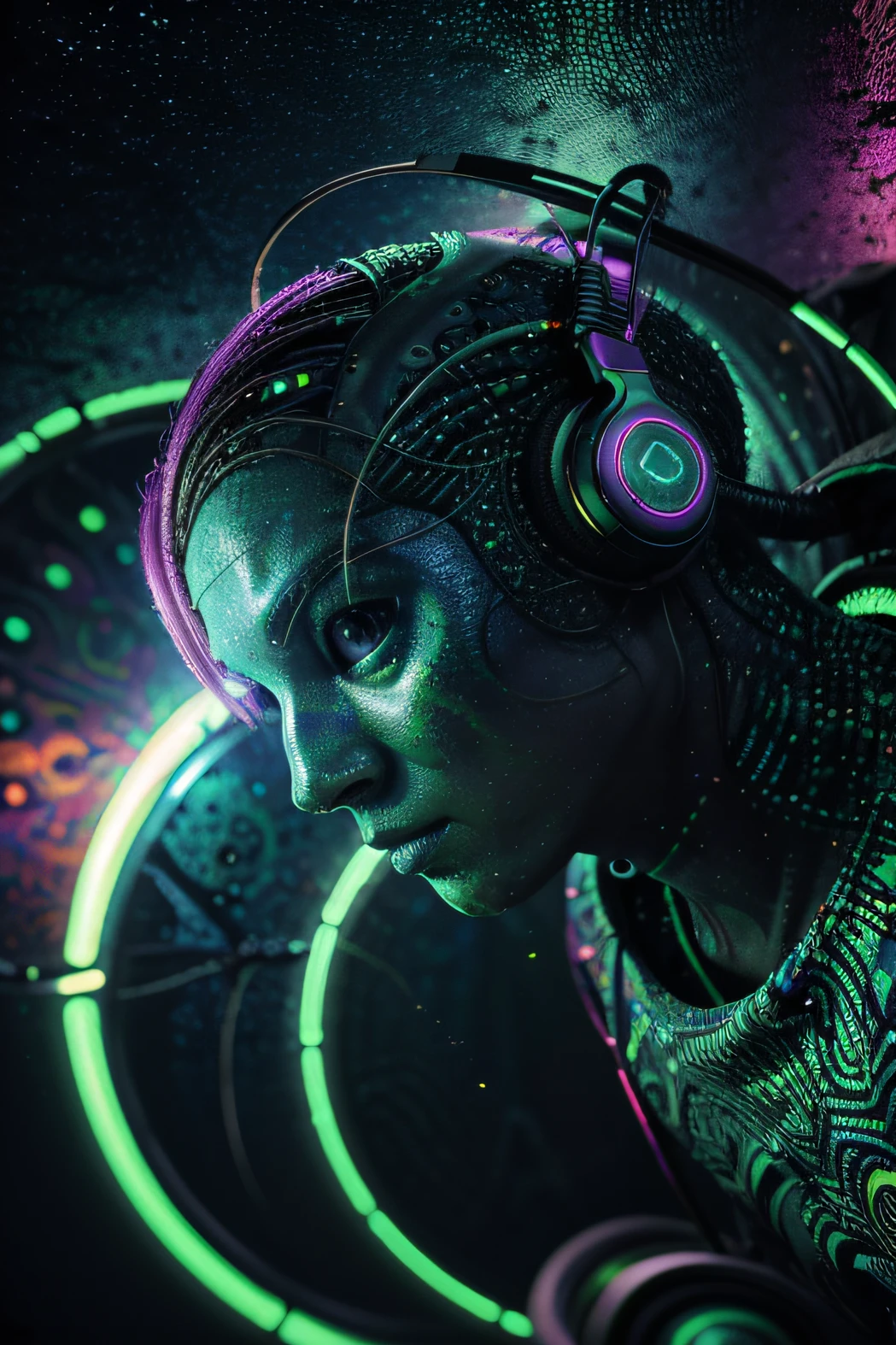 Papel de parede Alien Psy Trance com fones de ouvido, Stimulus to Art, cores vibrantes, Detailed alien creature, Swirling psychedelic patterns, neon lights, atmosfera estranha, Estilo de Arte Digital, 8K resolution