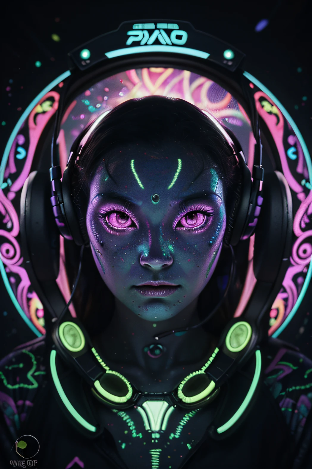 Papel de parede Alien Psy Trance com fones de ouvido, Stimulus to Art, cores vibrantes, Detailed alien creature, Swirling psychedelic patterns, neon lights, atmosfera estranha, Estilo de Arte Digital, 8K resolution