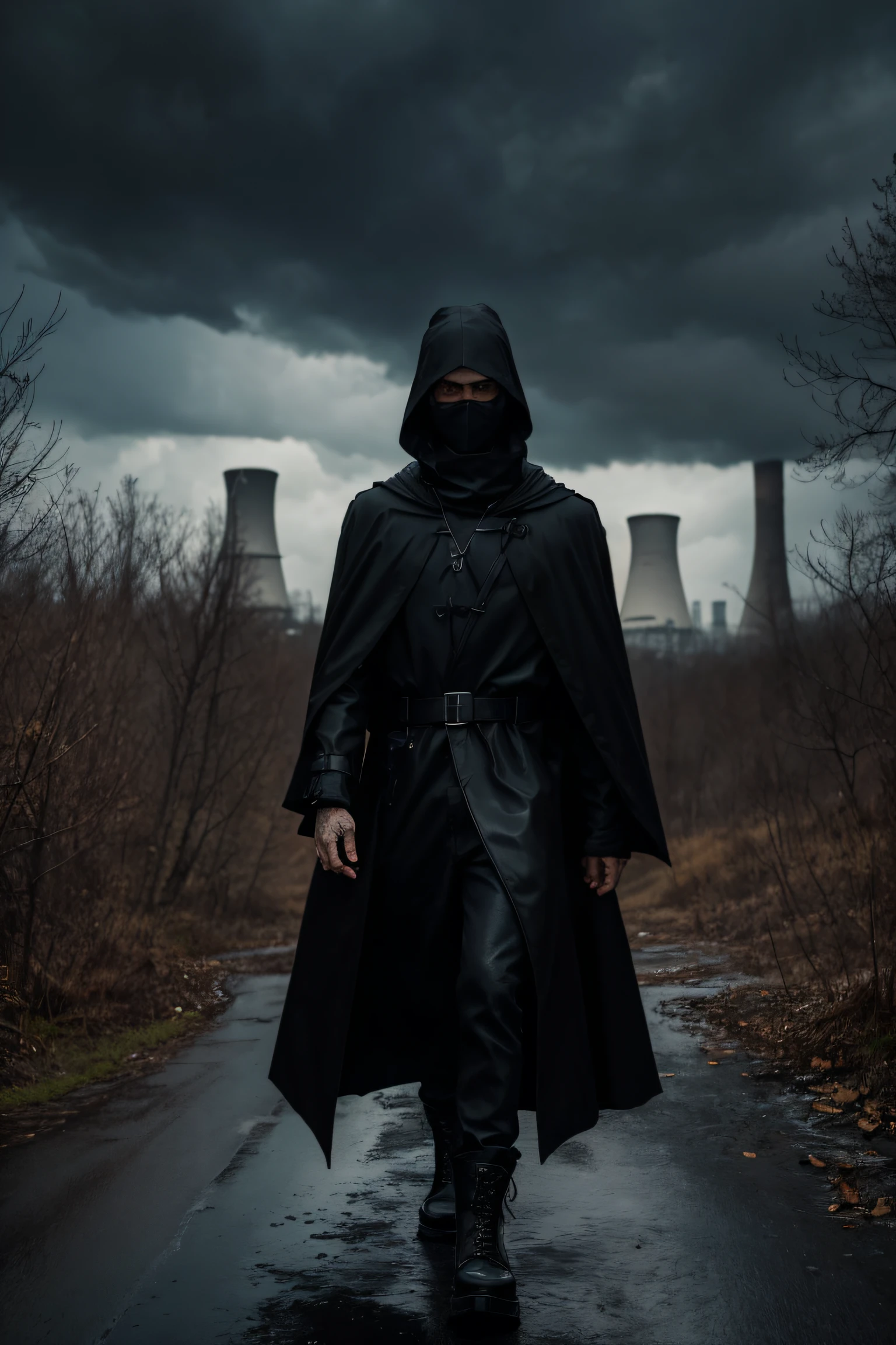 Homicidal Maniac, He wears a black cloak with a belt, Underneath the raincoat is a black sweater with a warm collar, He wears a black hat on his head, On the face is a black leather half mask, On her feet, black jeans and military boots, A large knife in his hand, Eyes glow white, A maniac slowly wanders through a sinister autumn forest with bare trees, In the background are the industrial ruins of a nuclear power plant, Autumn Moonlit Night, There are bare trees around, Destroyed houses, Abandoned oil refinery, Black clouds in the sky, thunder-storm, Dark Fantasy Style, max detail, Palette: Black, Red, White, Grey