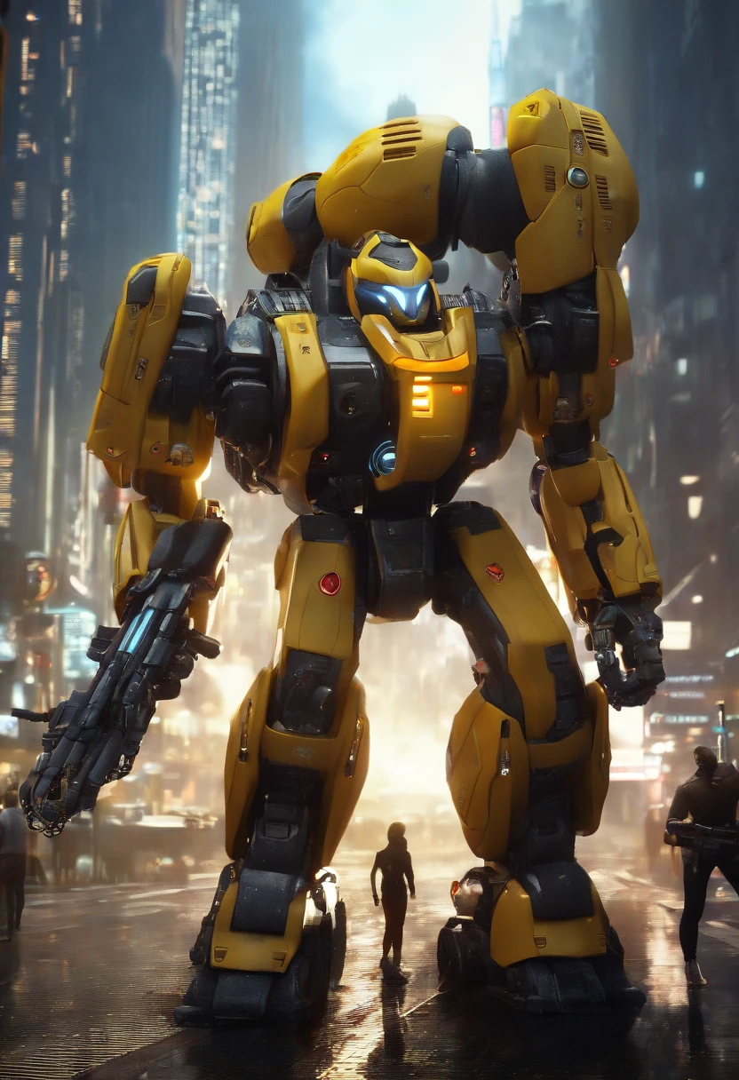 (master part:1.3), (best cinematic quality:1.2), (extremely detailed configuration:2), (macio+artistic lighting), (1st grade), cabelos azuis curtos, (olho+amarelo+vermelho:1.4), (olhos multicoloridos+heterocromia), usando roupas cyberpunk, Futuristic, technological, City scenery with (Robots to the Redor)0.4], giving dramatic scenery.
